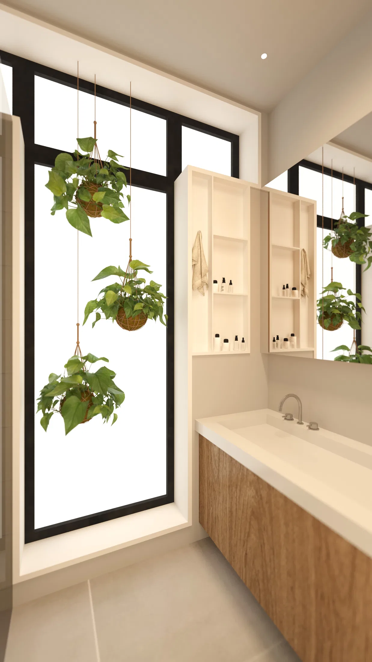 Bathroom with a wood vanity, a carved sink basin, a built-in cabinet and hanging planters near the window
