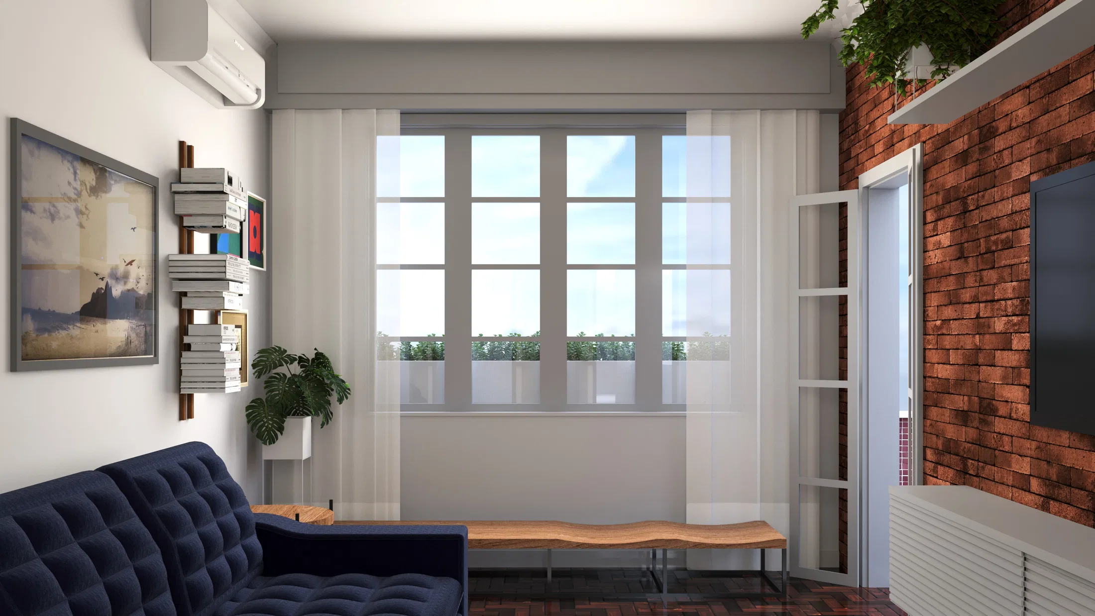 Living room with a navy blue upholstered sofa, light curtains, a sliding window and an exposed brick wall