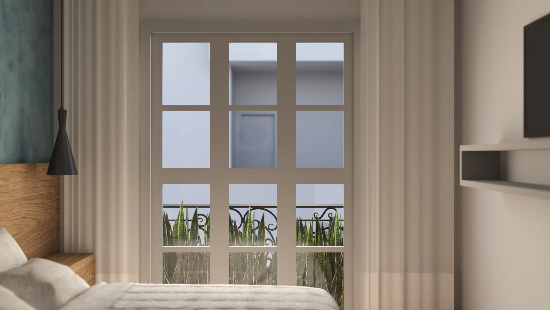 Suite with a wood-headboard bed and a balcony door framed by curtains, opening onto a planted balcony