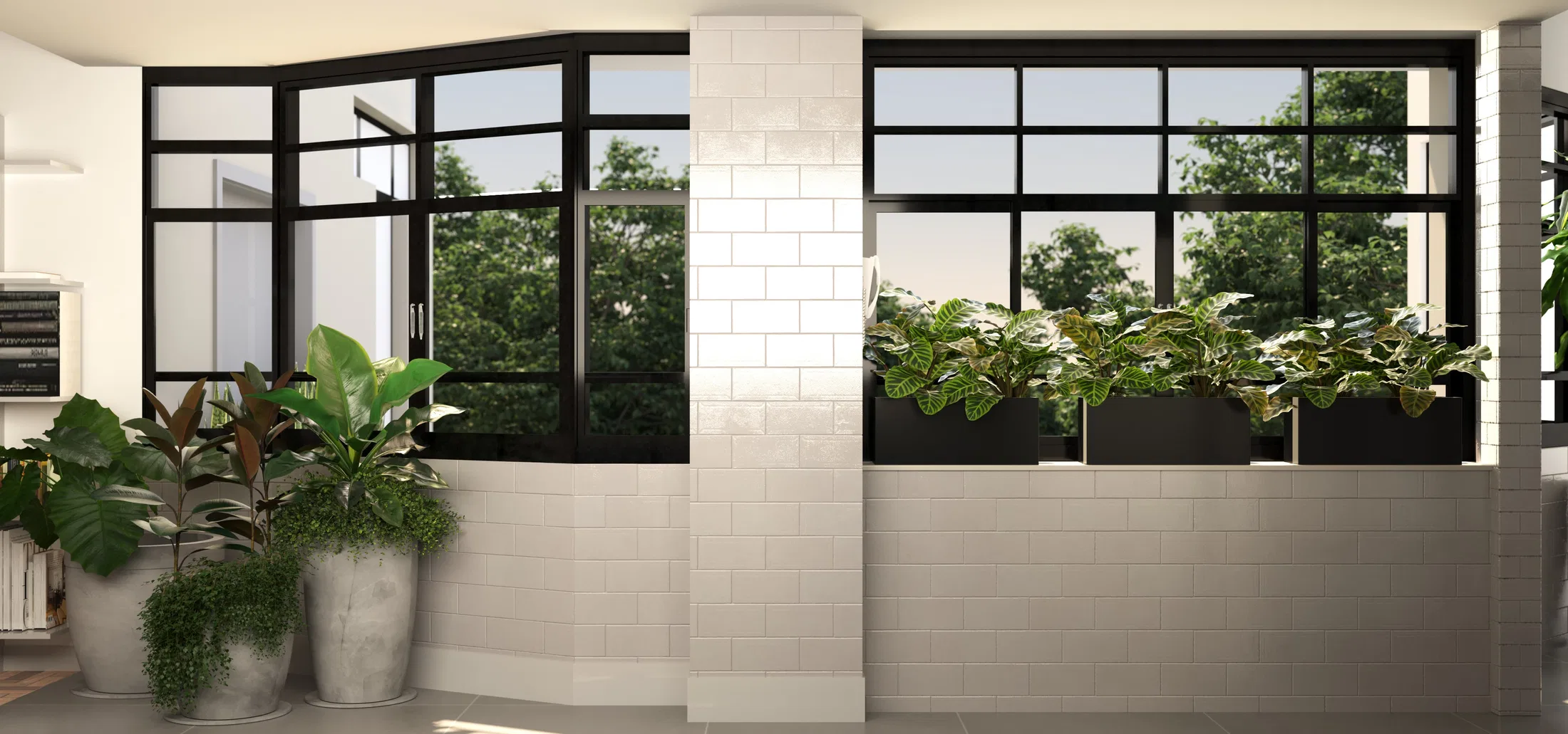 Corridor with black corner-framed windows forming a display bay, white tile cladding and pots with varied plants