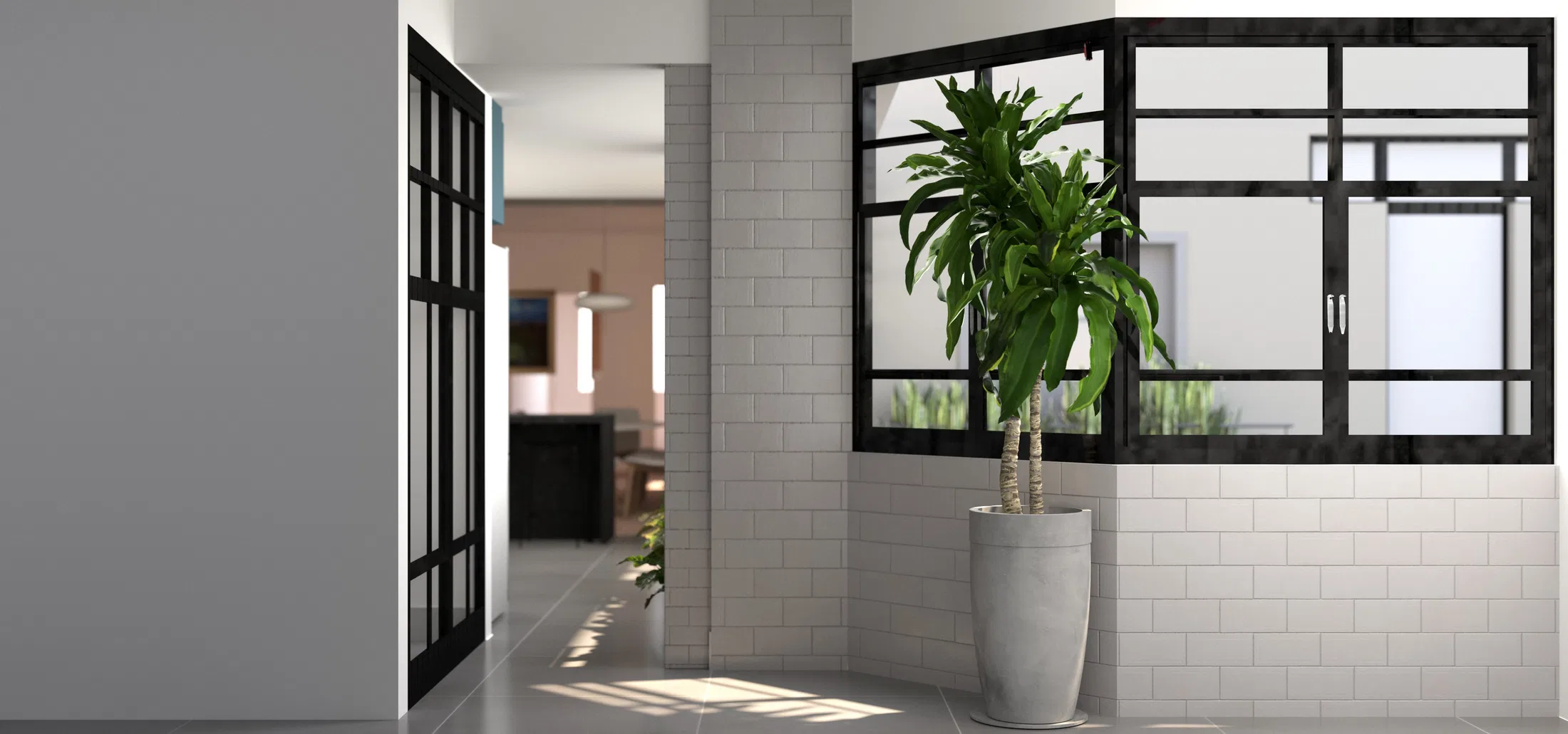 Pot with a broad-leafed plant beside a black-framed window, with the living and dining area visible in the background