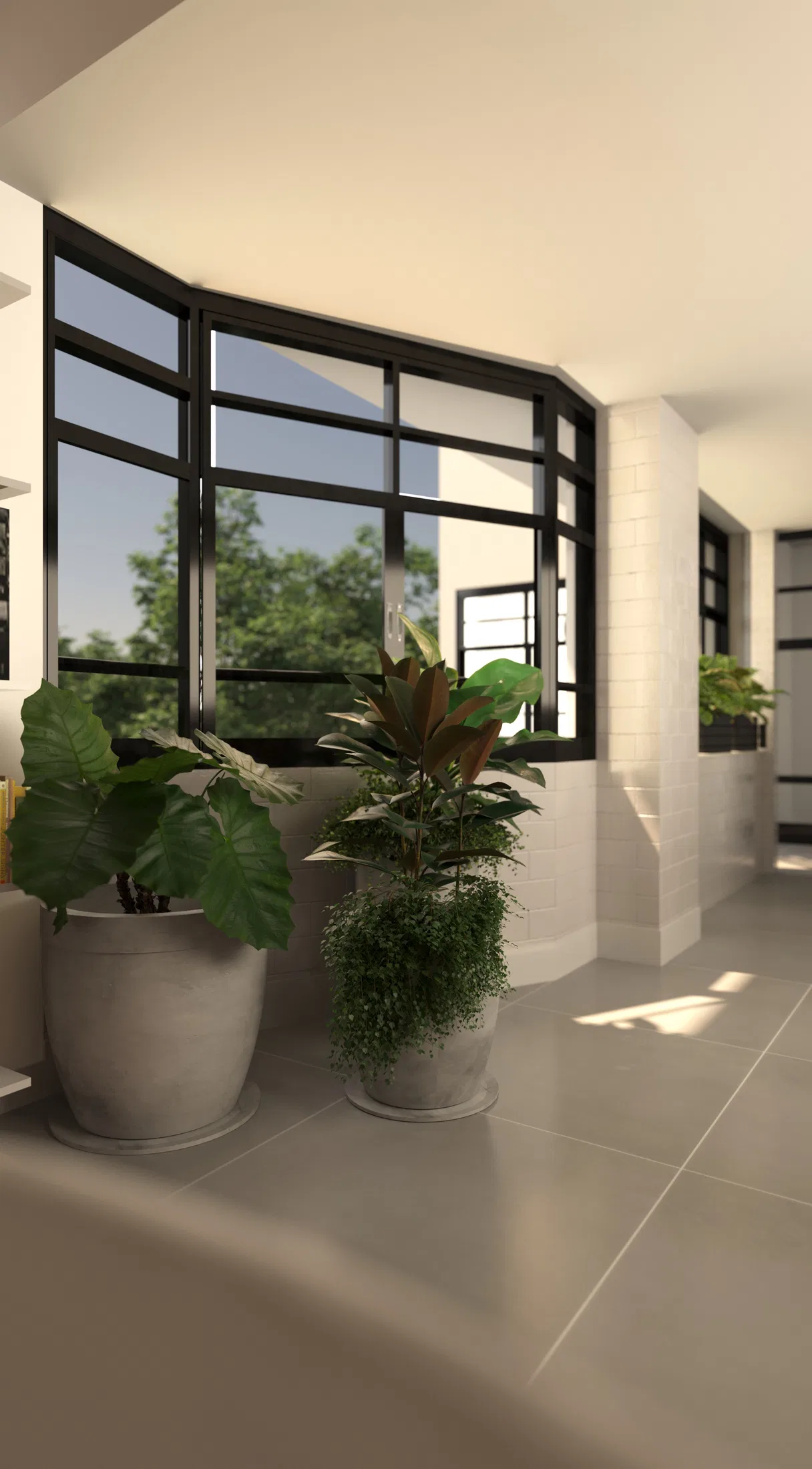 Wide corridor with a black-framed window, pots with varied foliage and grey porcelain tile flooring