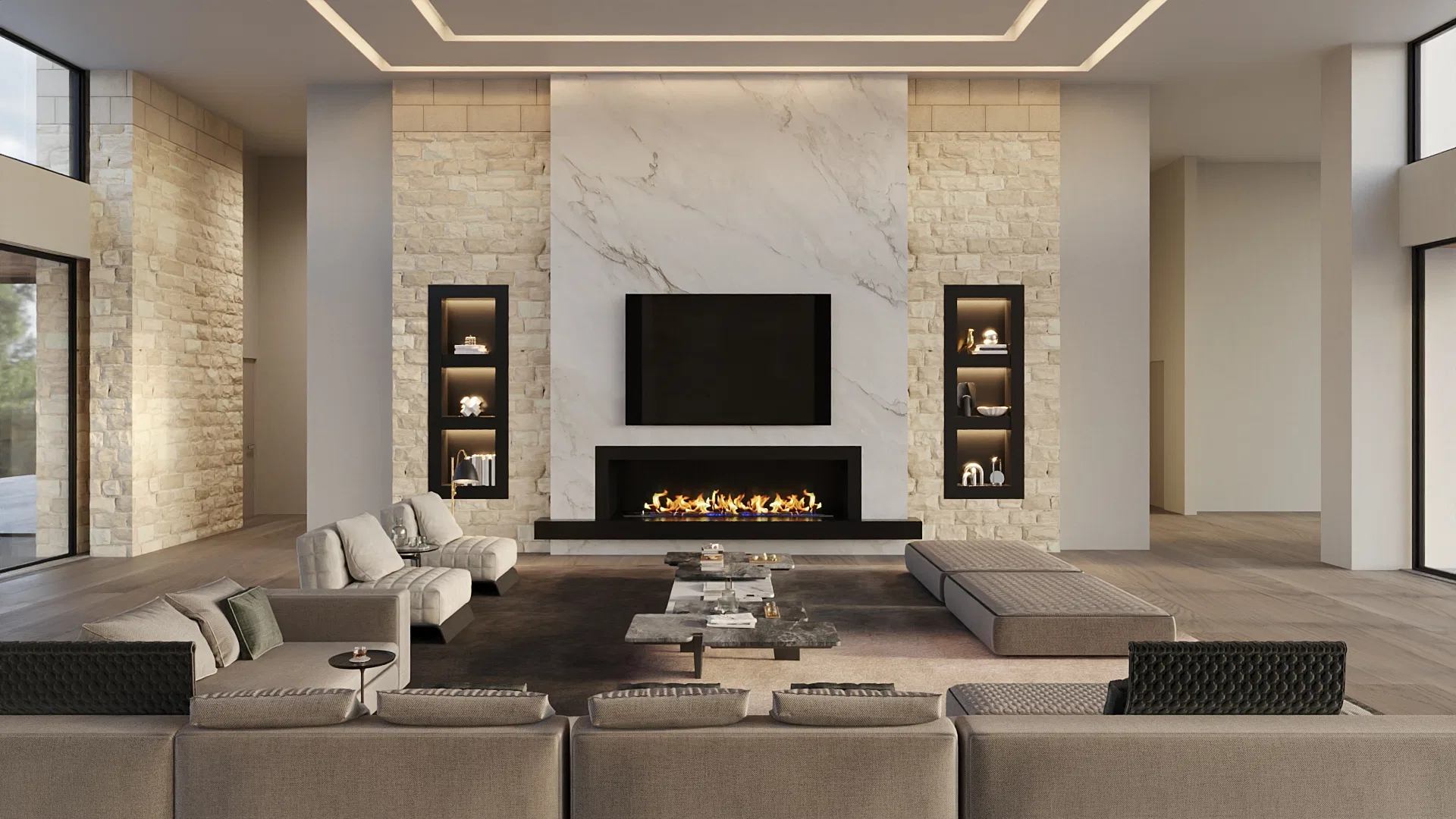 Double-height living room with a built-in fireplace, a marble panel and a stone wall with illuminated niches
