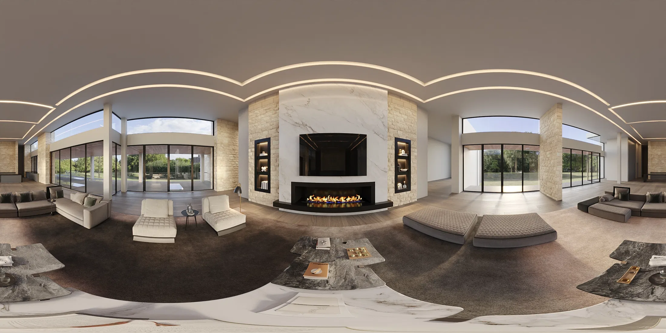 360-degree panoramic view of the living room, showing the fireplace, seating area and an outdoor pool seen through the glazing