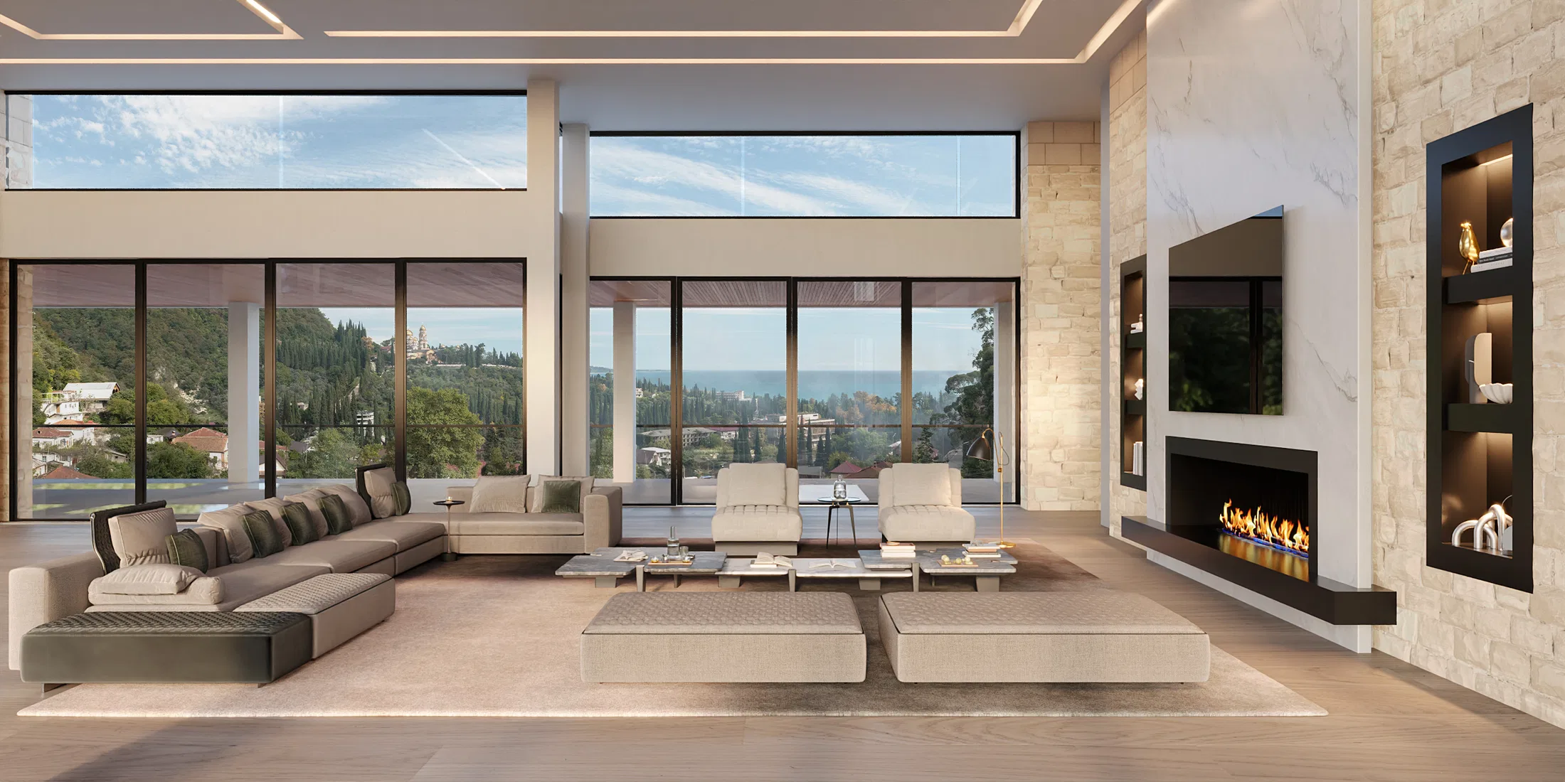 Living room with floor-to-ceiling windows revealing an outdoor landscape with greenery and a distant hillside view