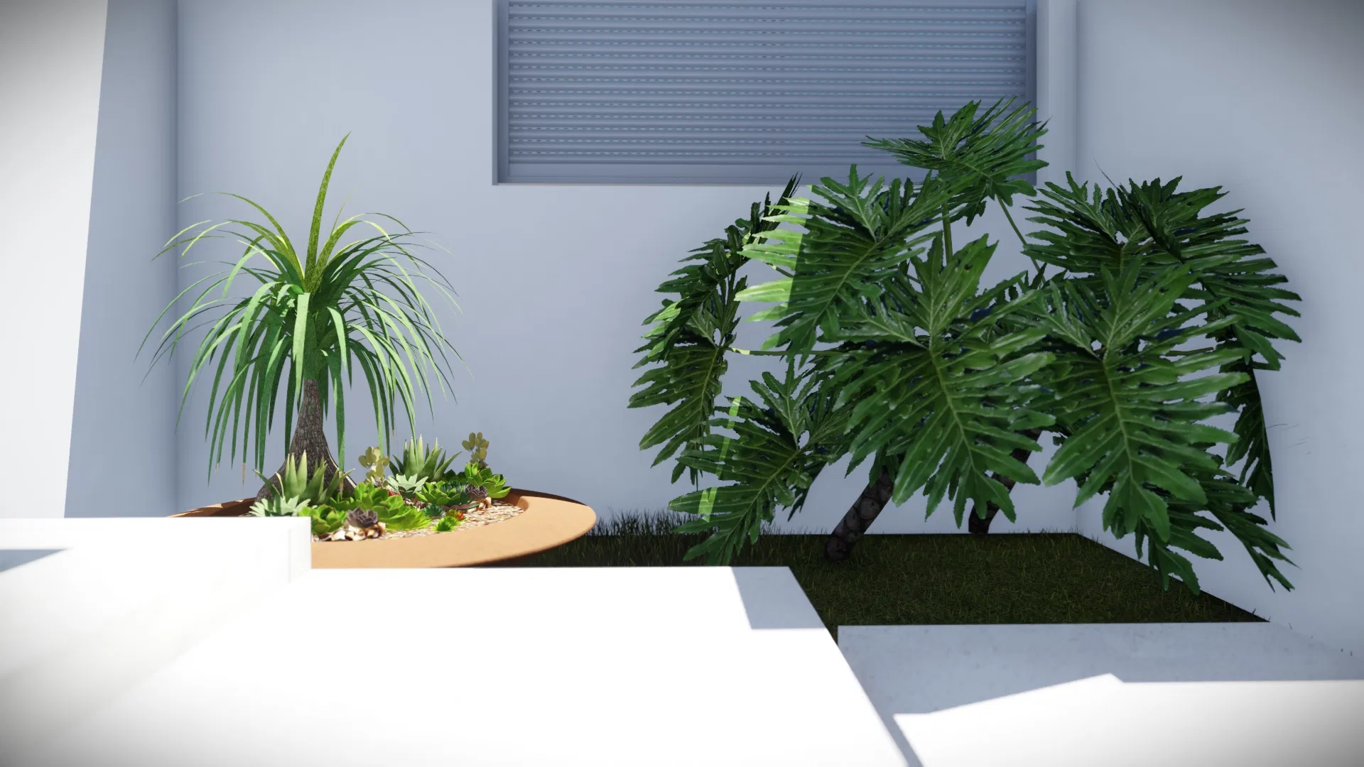Corner bed with a dracaena and succulents in a curved planter, beside a split-leaf philodendron against a pale wall