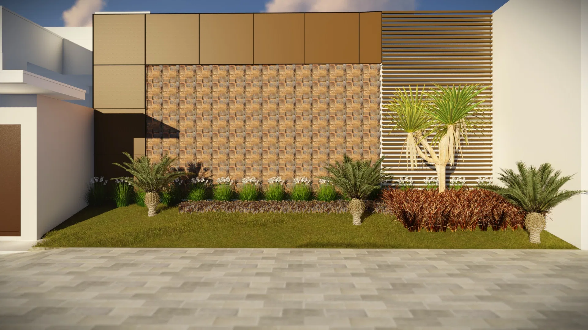Facade wall in textured decorative block beside a timber brise, with small palms, grasses and a bed of dry foliage over gray slab paving