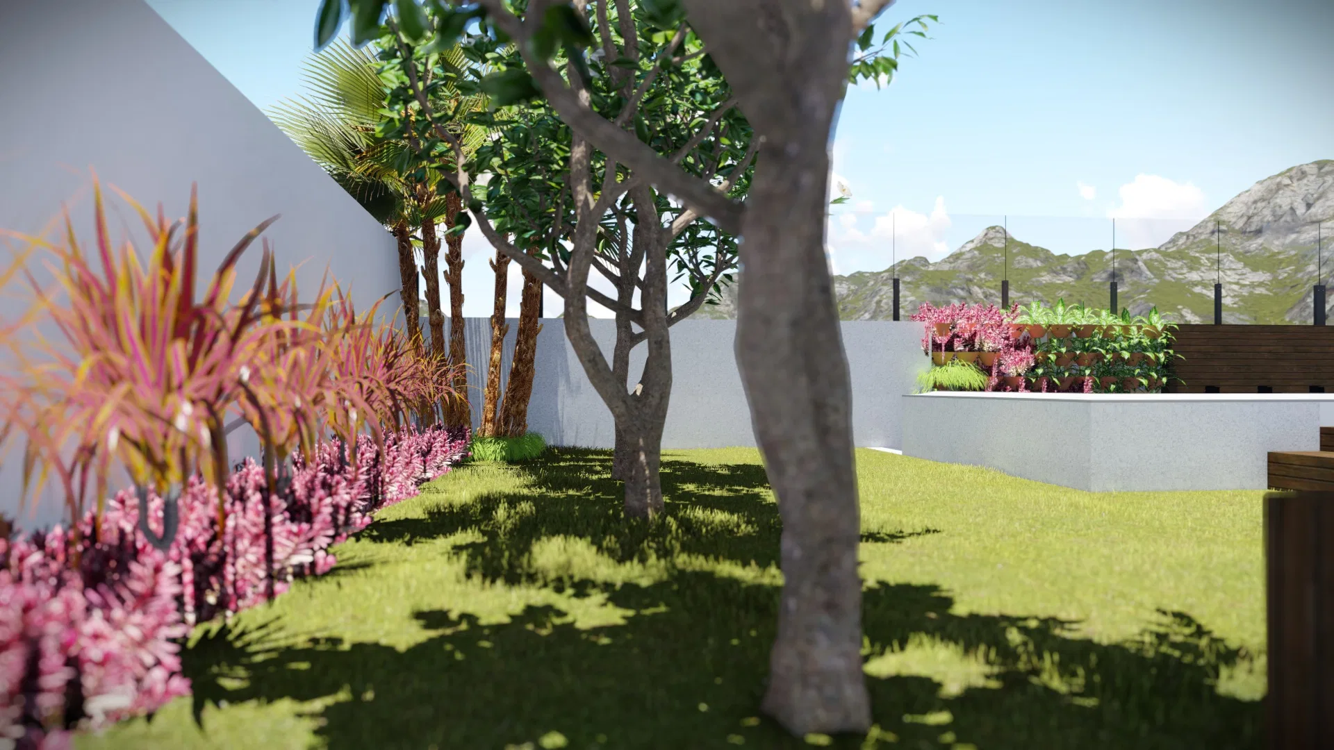 Lawn with a tree in the foreground, a bed of magenta flowers along the wall and palms, with hills beyond the glass railing