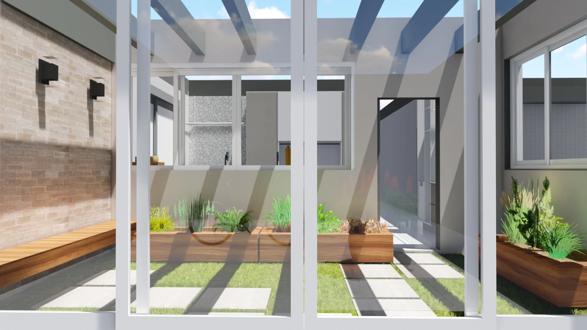 Internal patio seen beneath a pergola, with wooden planters, grass between paving slabs and a brick wall with light fixtures