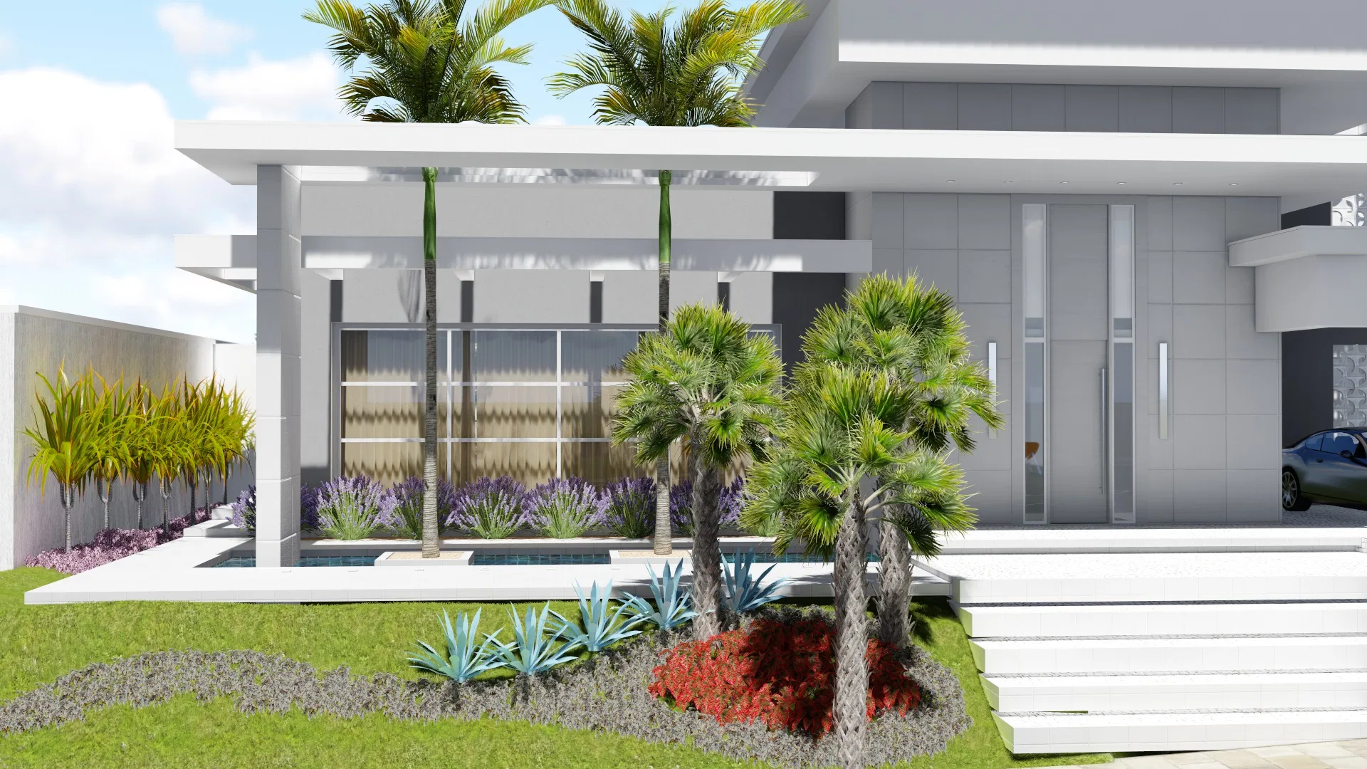 White contemporary home facade with a front garden of palms, bluish agaves, lilac-toned masses and red flowering shrubs