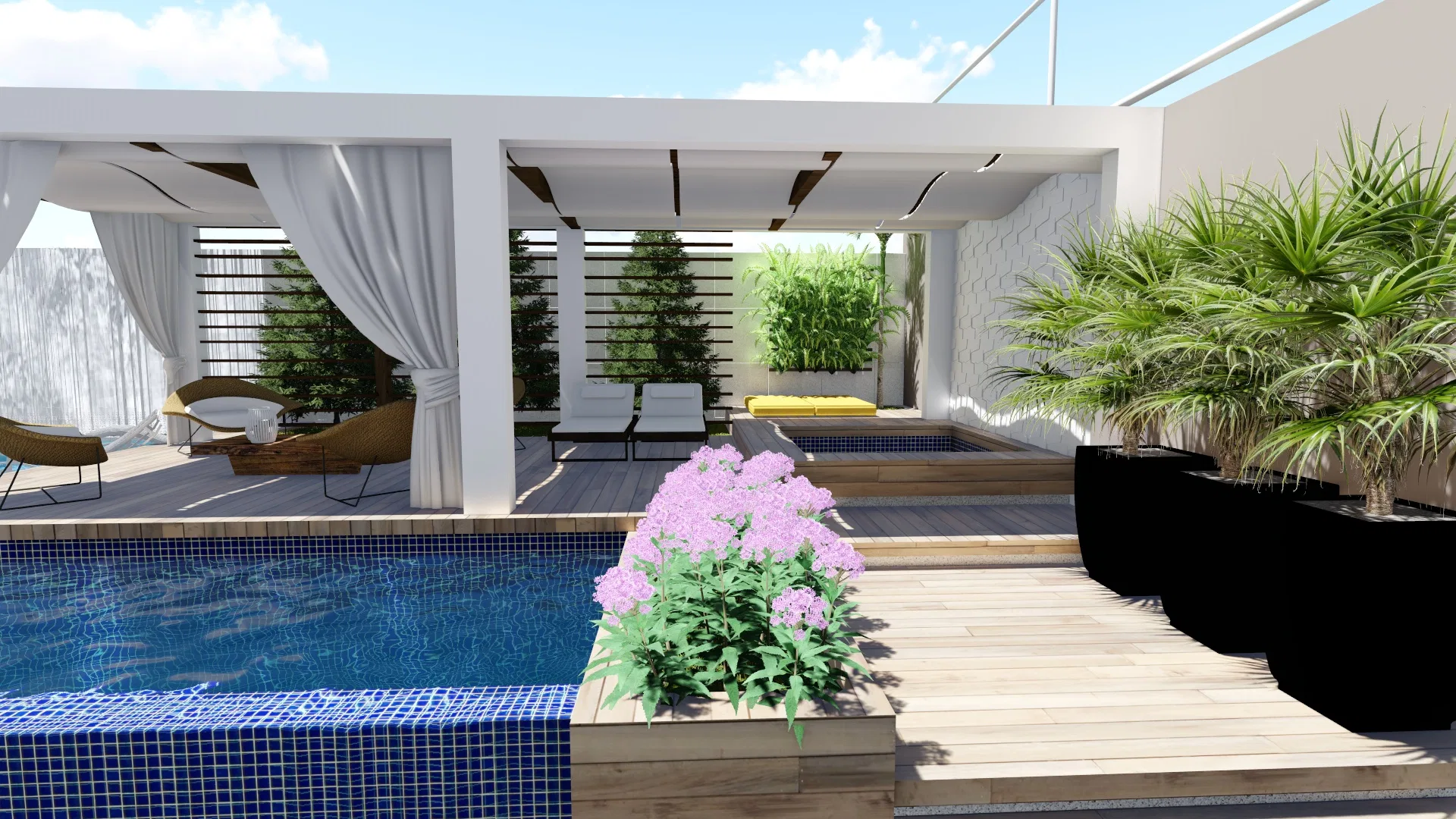Pool and deck with a curtained pergola, a planter of pink flowers, black pots holding palms and a vertical garden panel