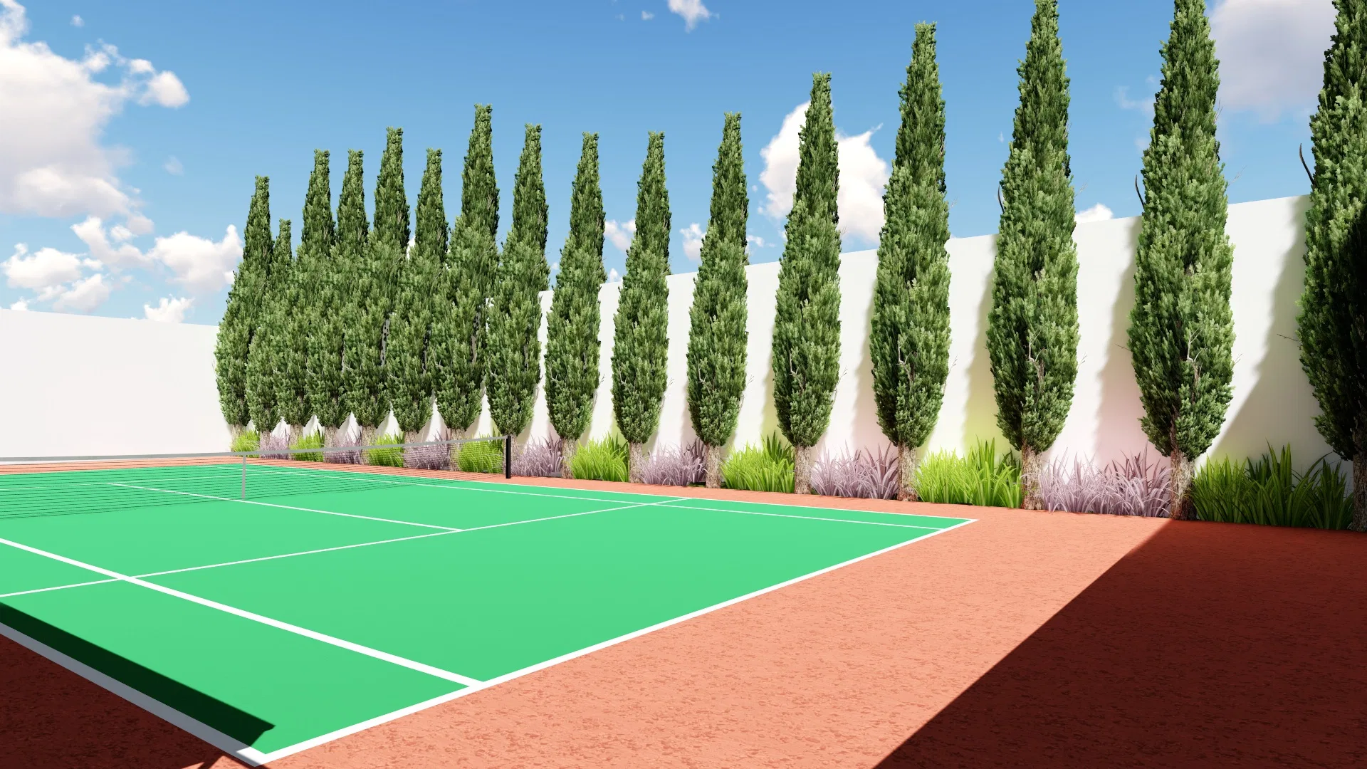 Sports court with a green surface and red surround, framed by a row of tall cypresses along the white boundary wall