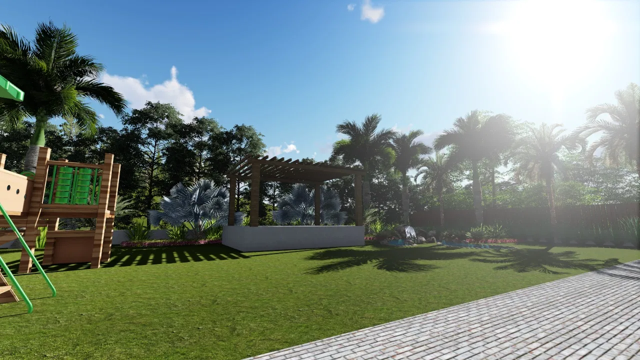 Community leisure area with a wooden playground and slide, a pergola lounge on a raised platform, palms and lawn under strong sun