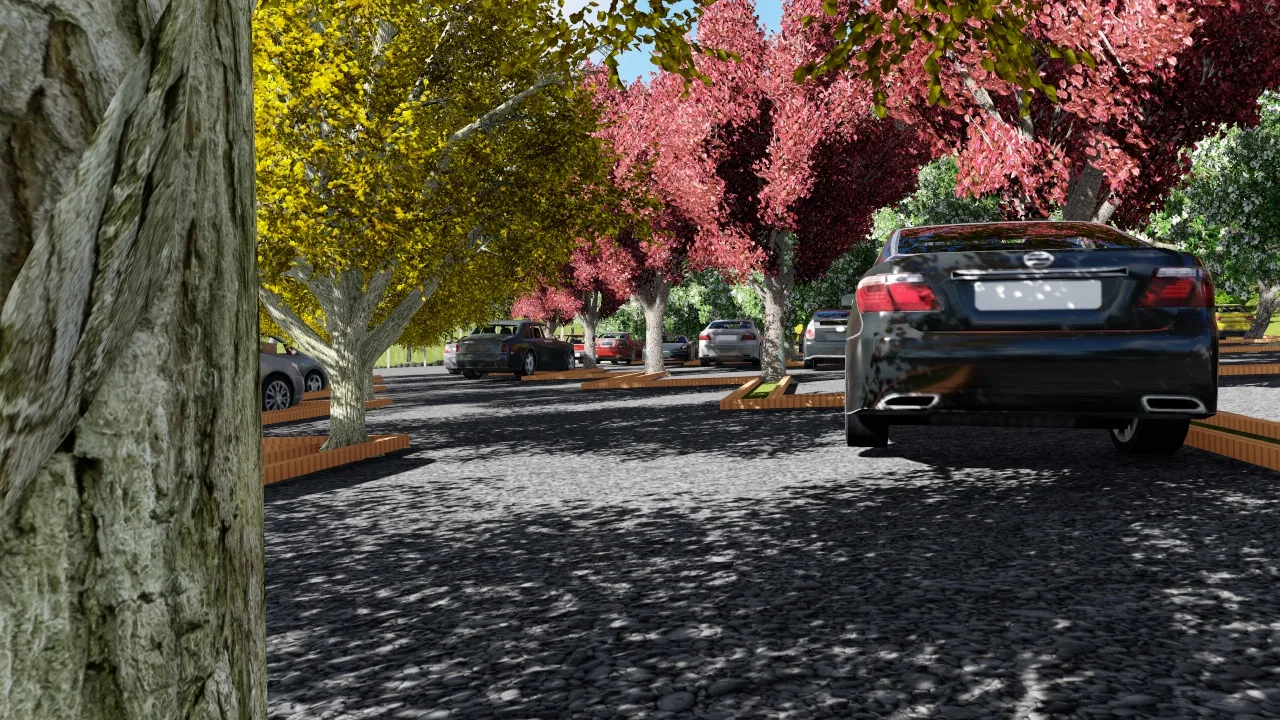 Ground-level view of the tree-lined car park, cobblestone paving, yellow and pink ipê trees edging the bays and a dark sedan driving through