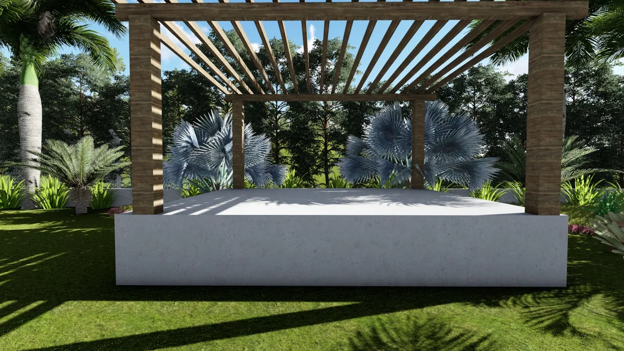 Slatted timber pergola over a concrete platform, framed by palm foliage and lawn, forming an open-air gathering spot