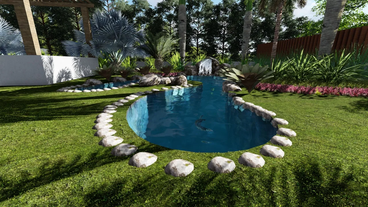 Ornamental pond with a winding edge ringed by boulders and stepping stones, a small rock waterfall, palms and flowering beds around it