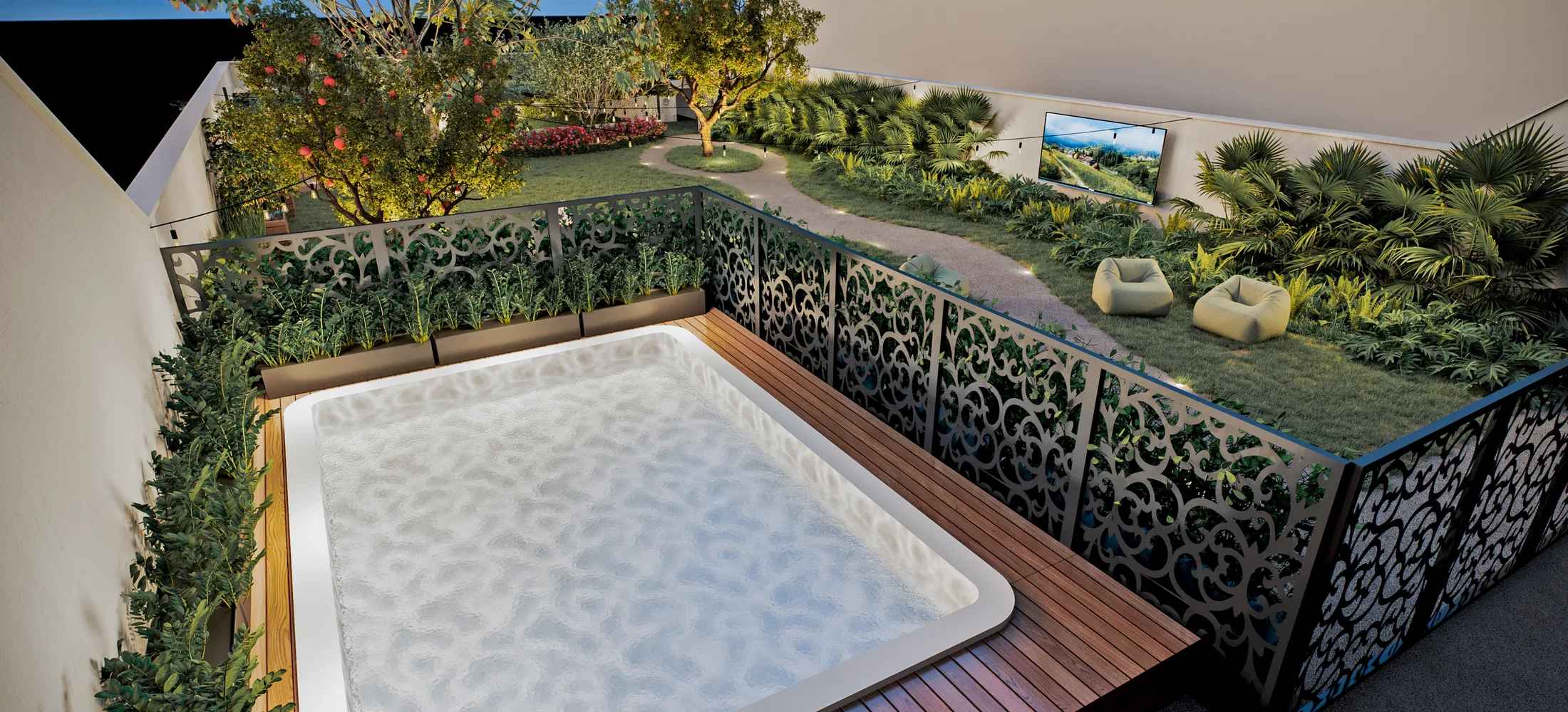 Spa on a wooden deck enclosed by laser-cut arabesque screens, with the lawn, the bean-bag chairs and the flowering beds behind.