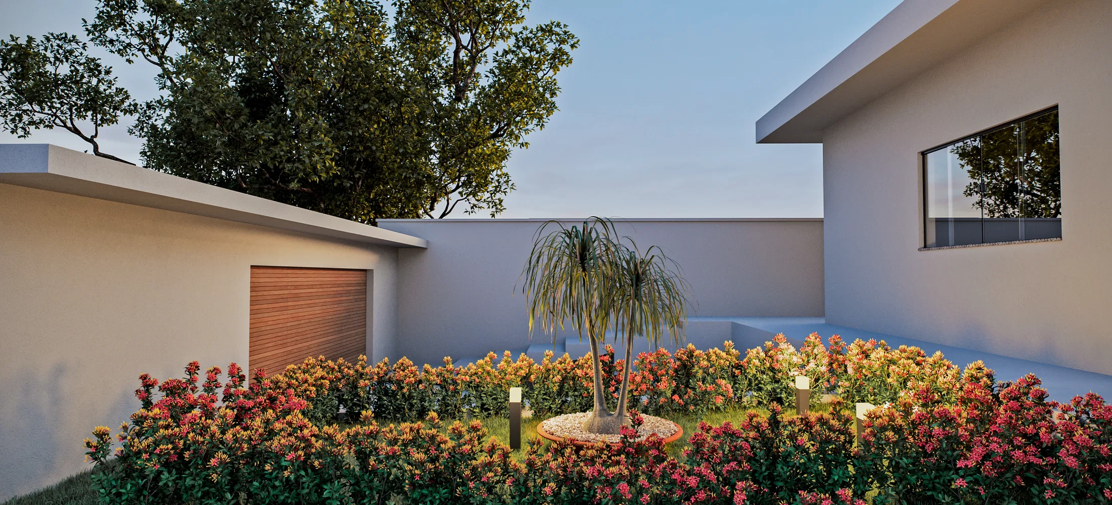 Corner between two light-toned volumes, one with a wooden garage door, and a round bed of orange flowering shrubs around a ponytail palm.