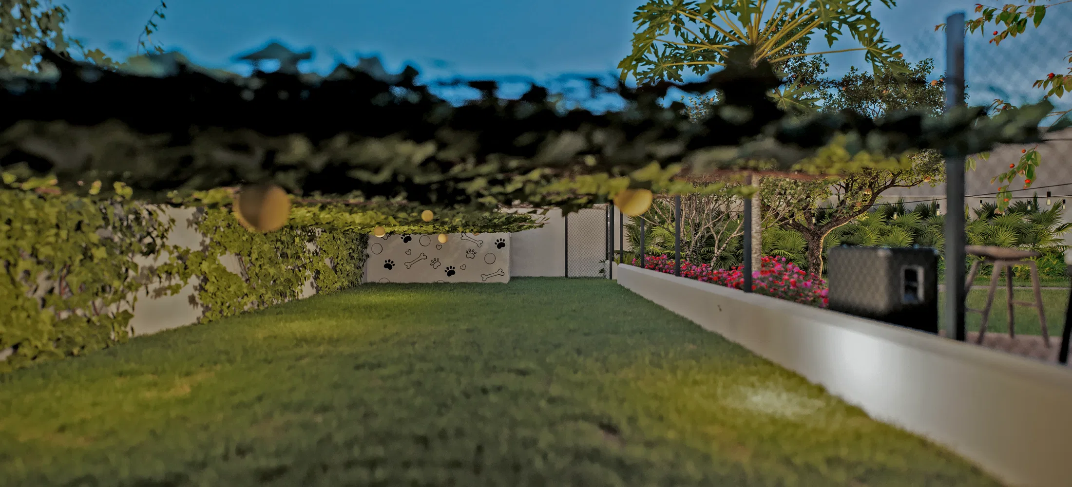 Grassy pet run at nightfall, with a low gate patterned with paws and bones, illuminated hedges and shrubs of pink flowers.