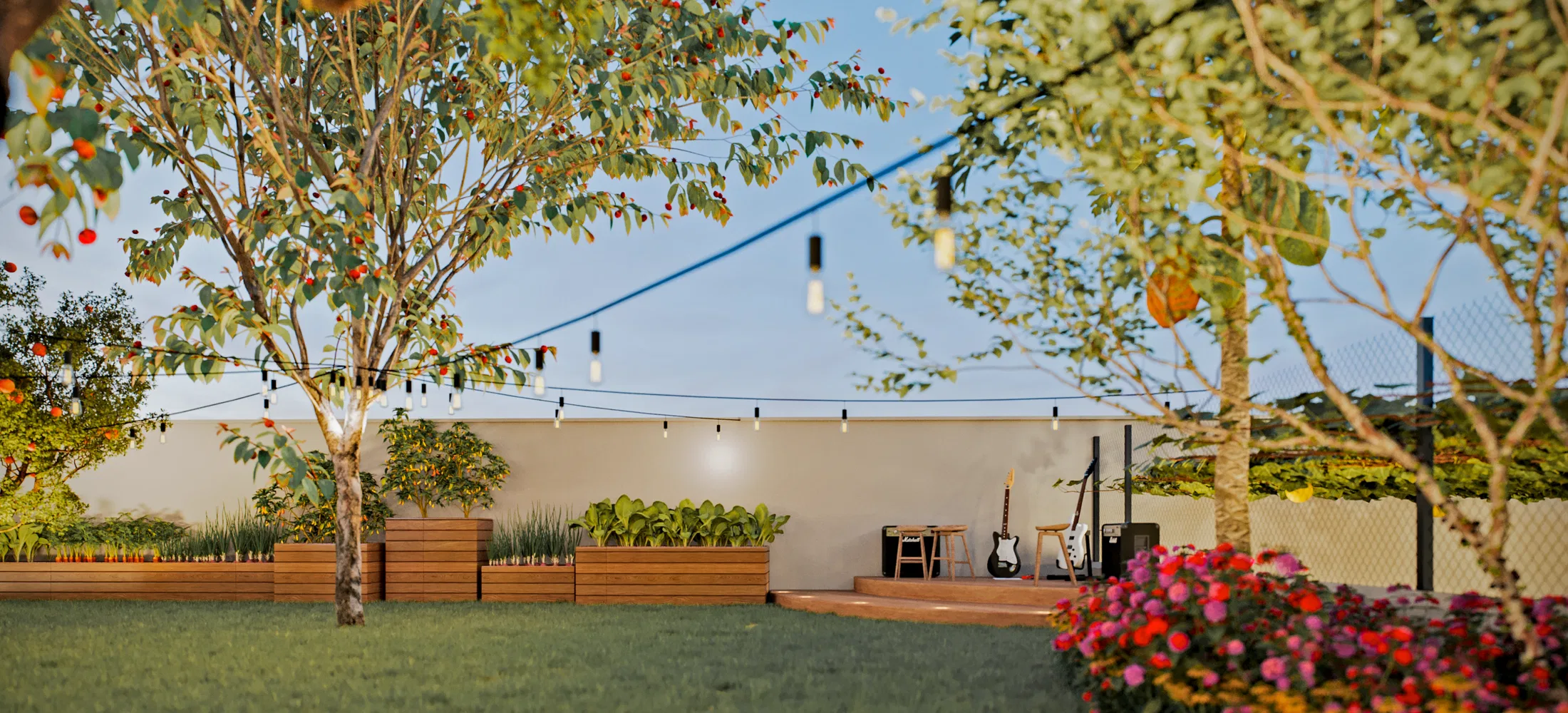 Backyard with a festoon-light string, raised wooden planters of herbs and a small deck holding guitars and an amplifier among trees.