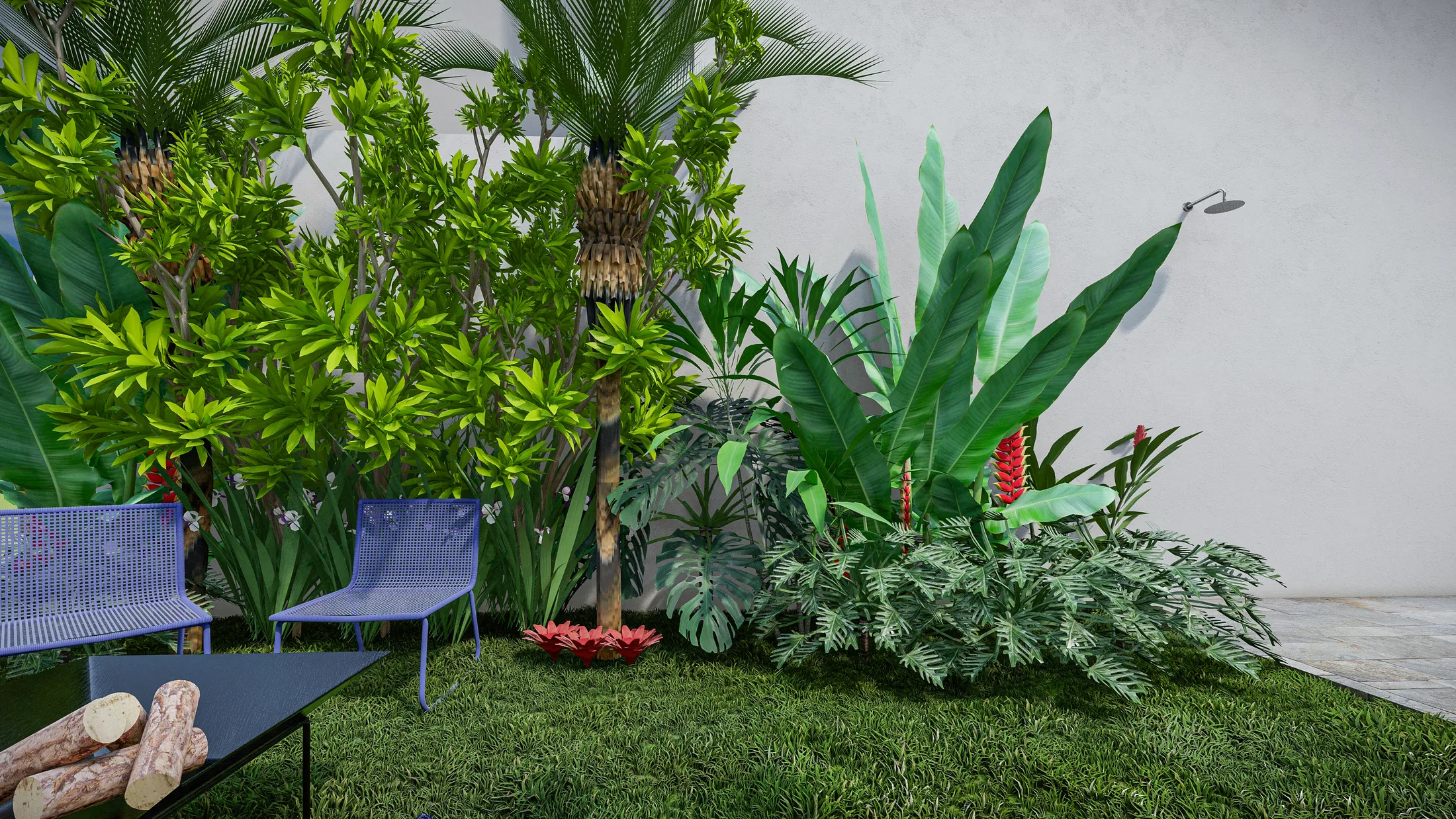 Garden corner with palm trees, varied tropical foliage and an outdoor shower against the wall, beside chairs and a fire pit table