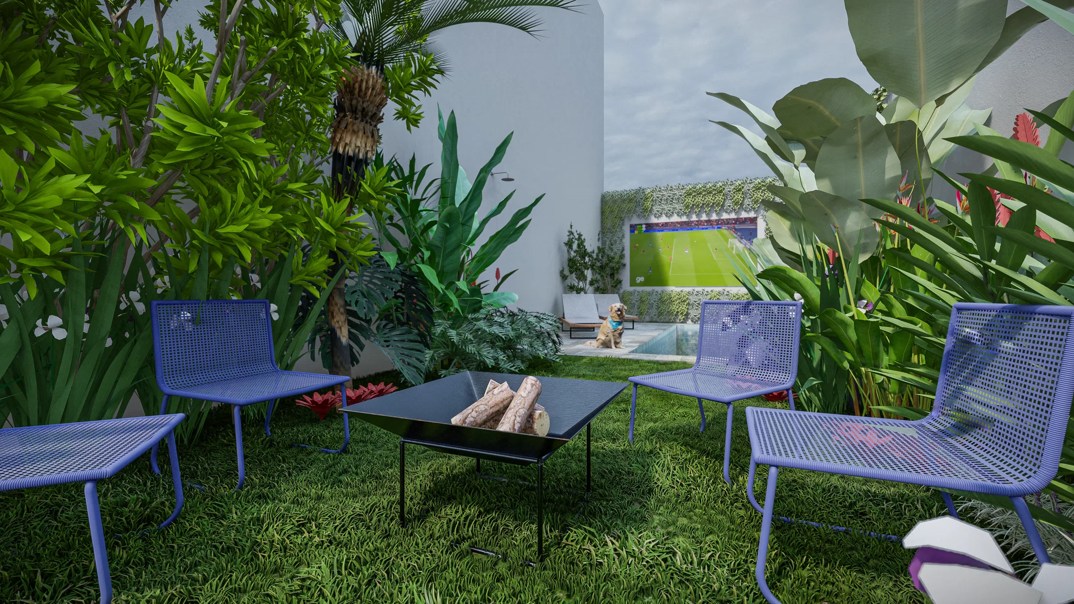 Lounge area with blue metal chairs around a fire pit table, the pool and projection screen visible in the background through the greenery