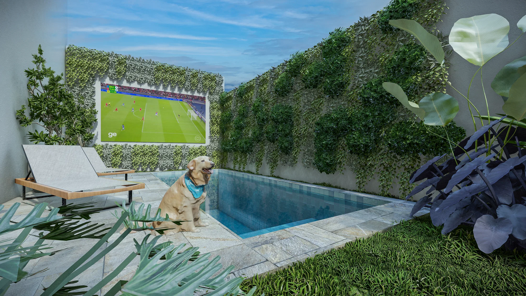 Narrow pool with a stone deck, a dog sitting by the water and an outdoor projection screen framed by a vertical green wall
