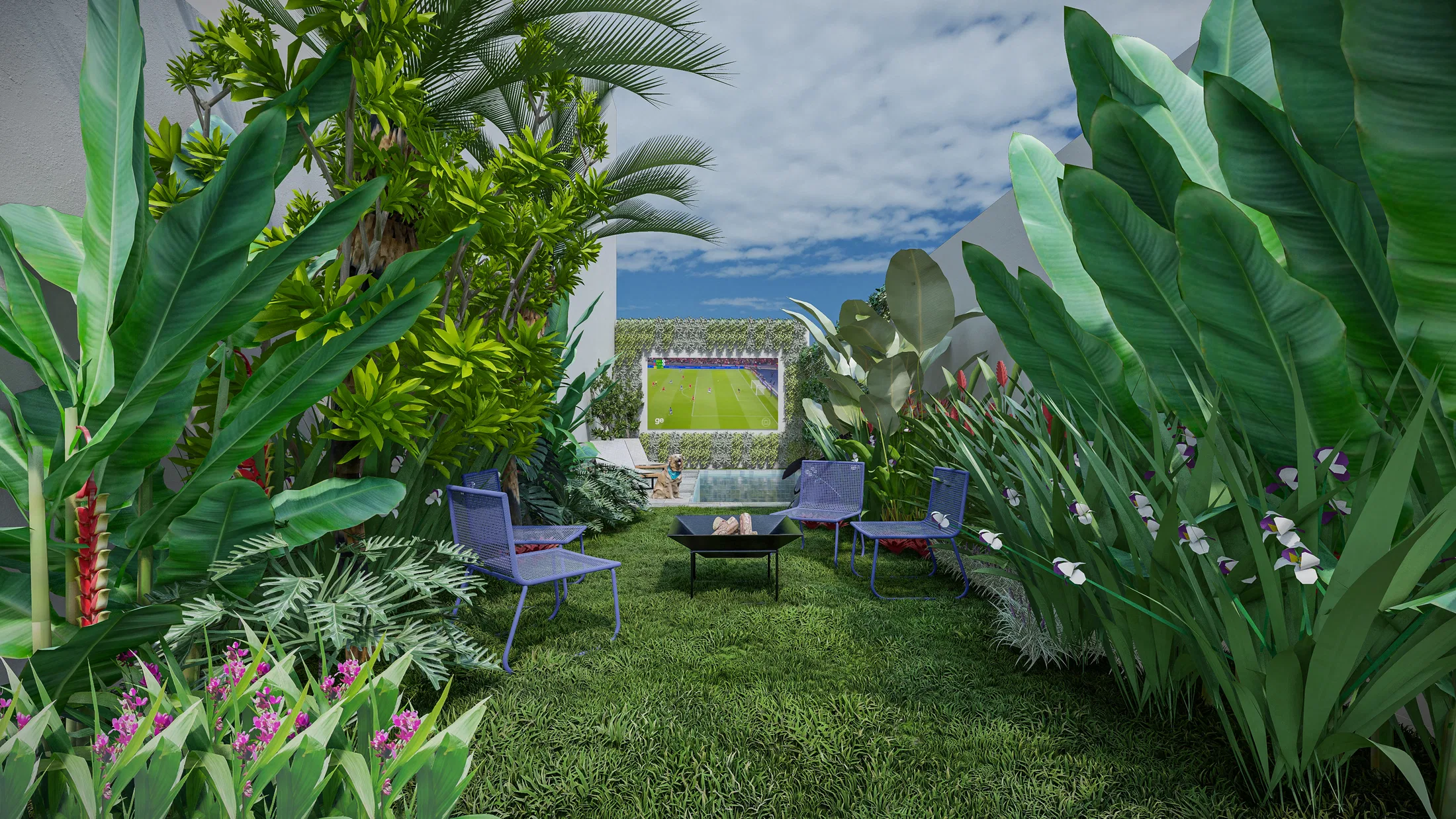 Grass corridor between large tropical leaves leading to an outdoor lounge with chairs and a projection screen in the background