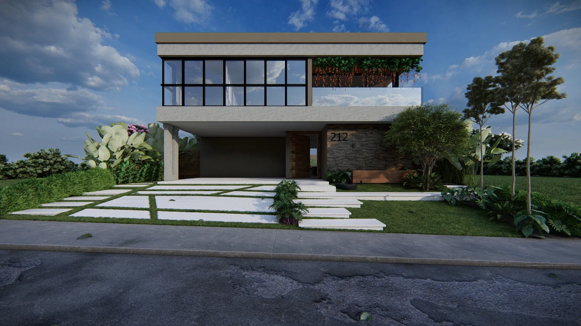 Two-story residential facade in stone and glass, with an entry garden of grass strips and a light-toned paving path
