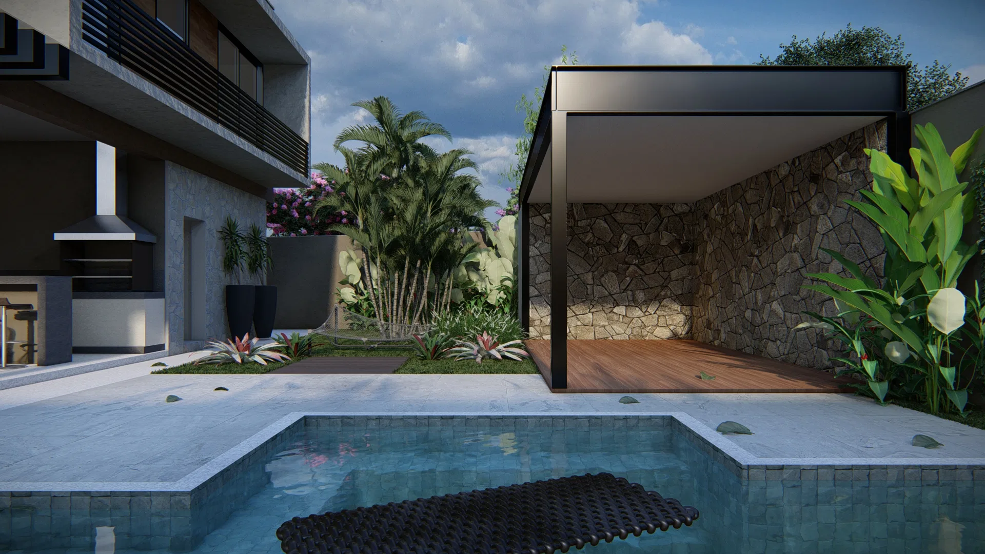 Metal-framed pergola over a stone wall, connecting the pool to a covered wood-deck area