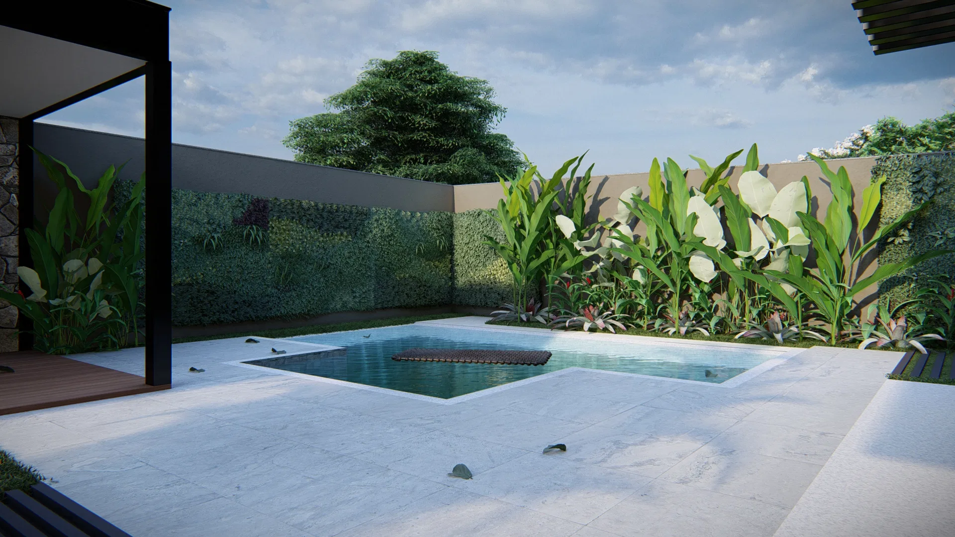 Geometrically shaped backyard pool, framed by a wall with a vertical garden and a bed of tropical foliage