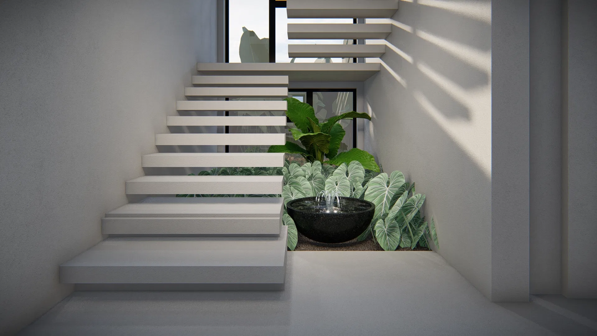 Interior garden beneath the staircase with tropical foliage and a dark-vase water feature by the glazed wall