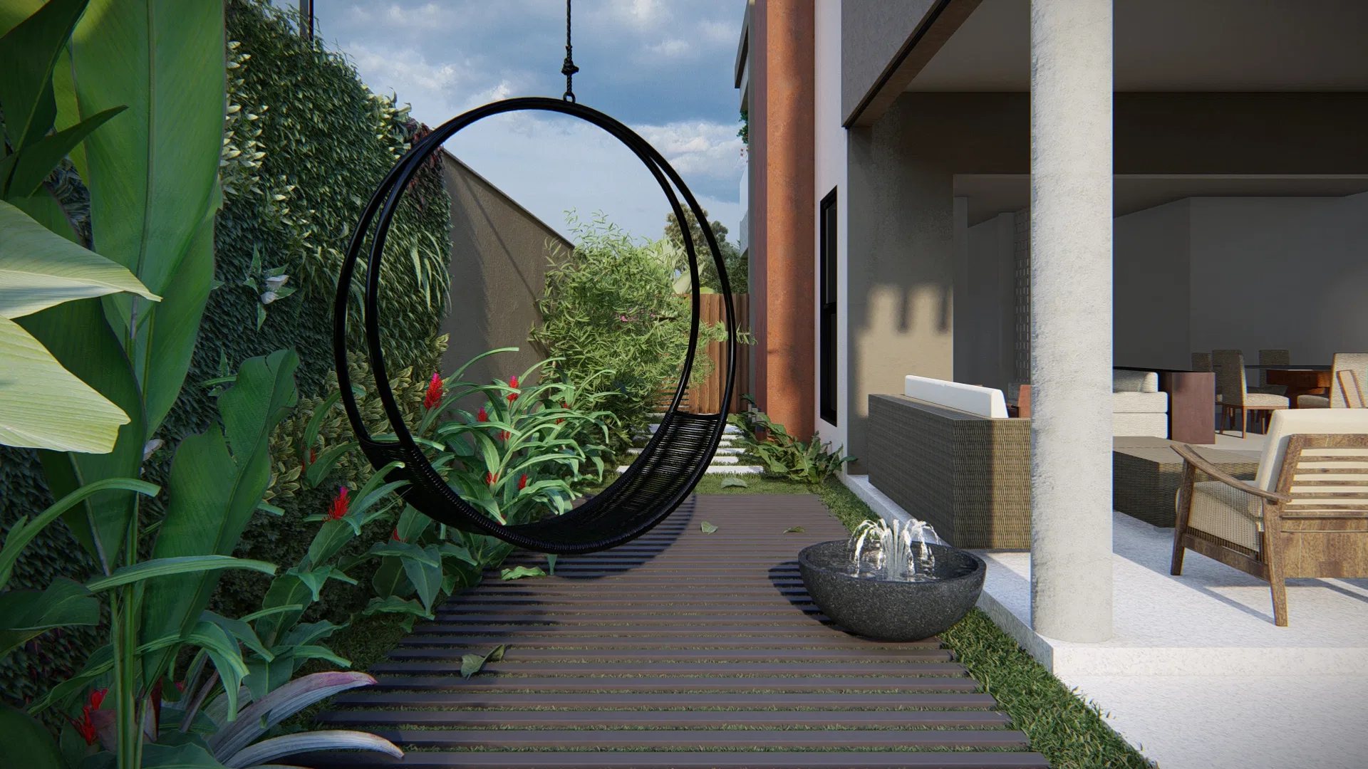 Wood-deck walkway with a circular hanging chair, a dark-vase water feature and a covered seating area beyond