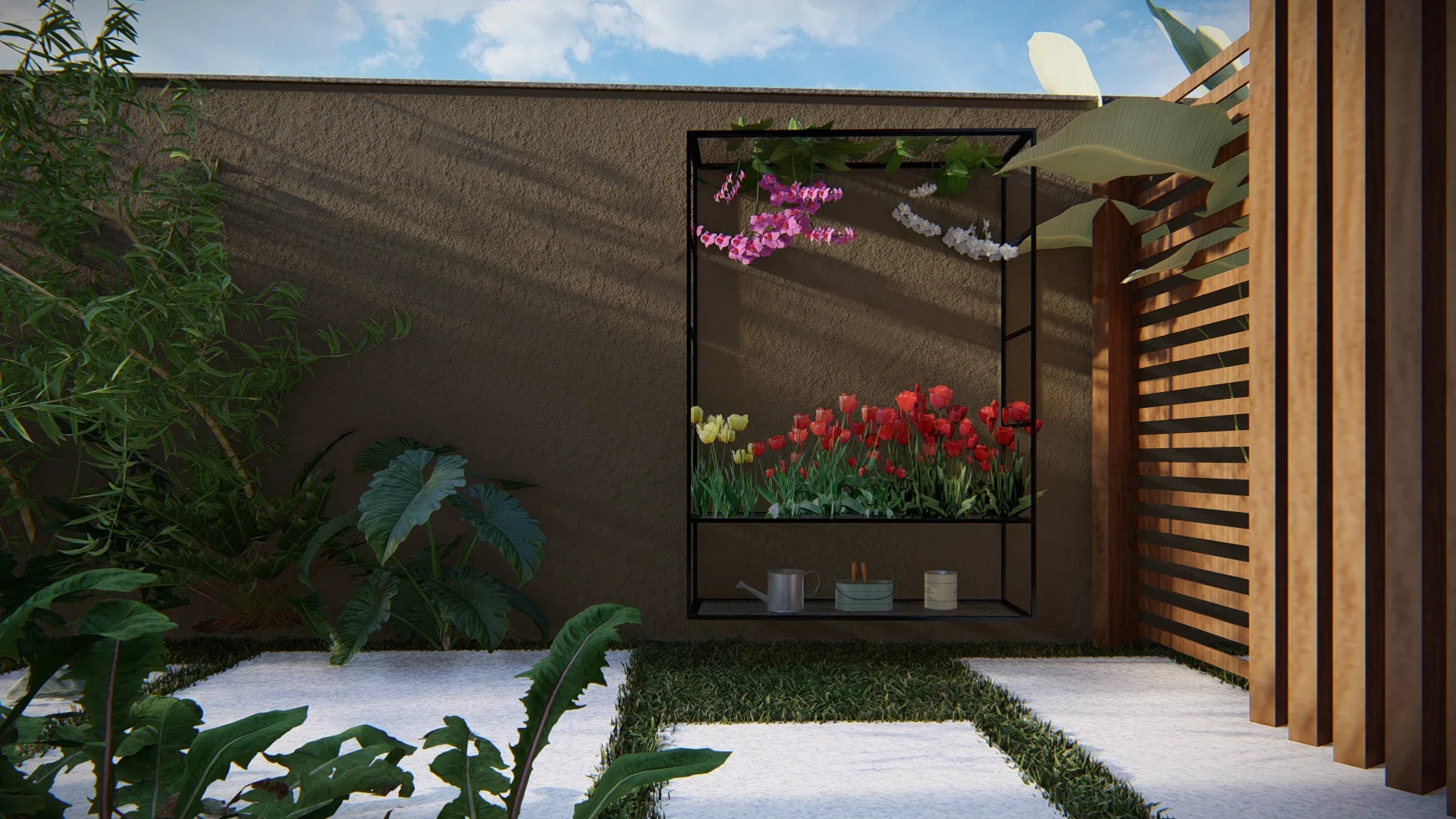 Wall-mounted metal planter box with colorful tulips, beside a grass-and-paving-slab floor in the side patio