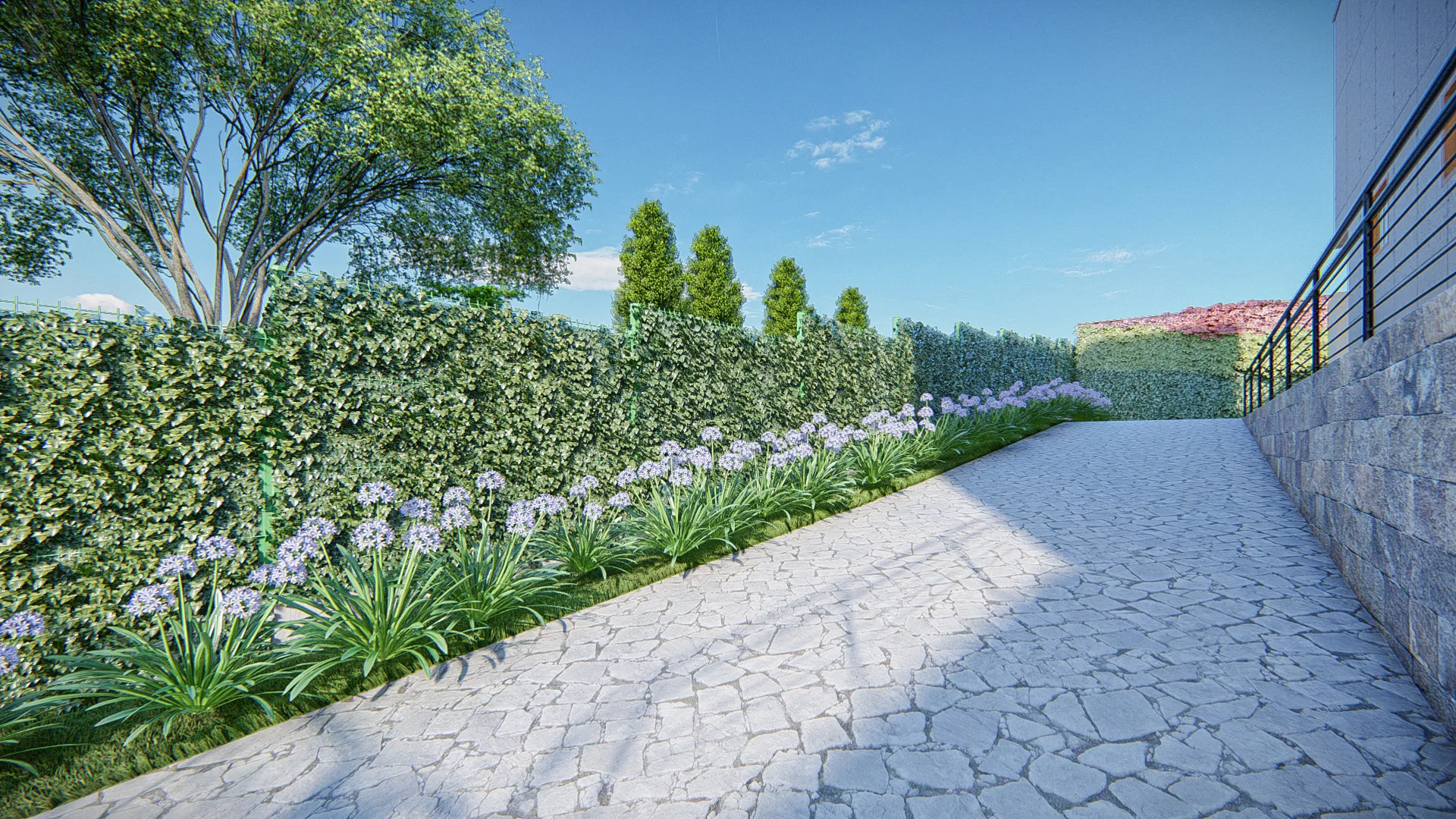 Architectural visualization of Residential Landscaping with Side Garden and Aerial Pool View — GRON 3D