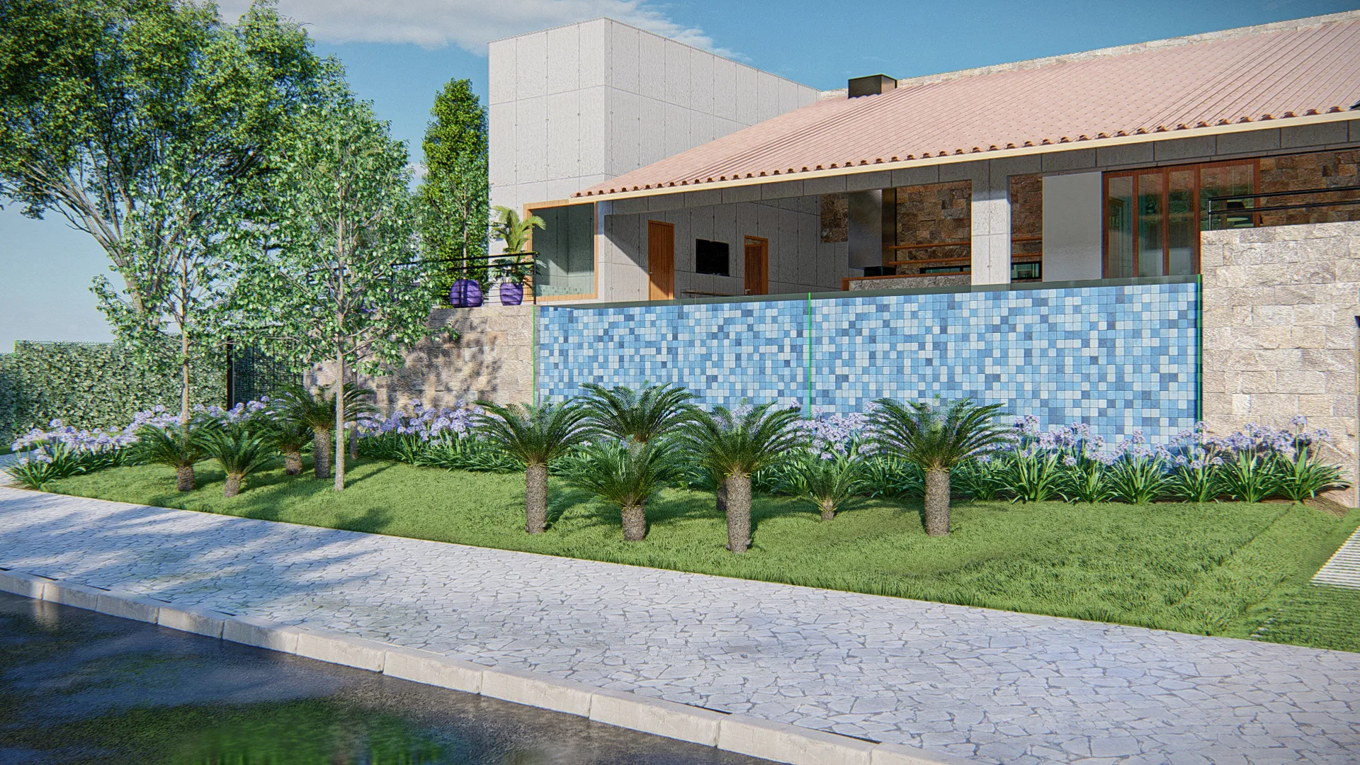 Architectural visualization of Residential Landscaping with Side Garden and Aerial Pool View — GRON 3D