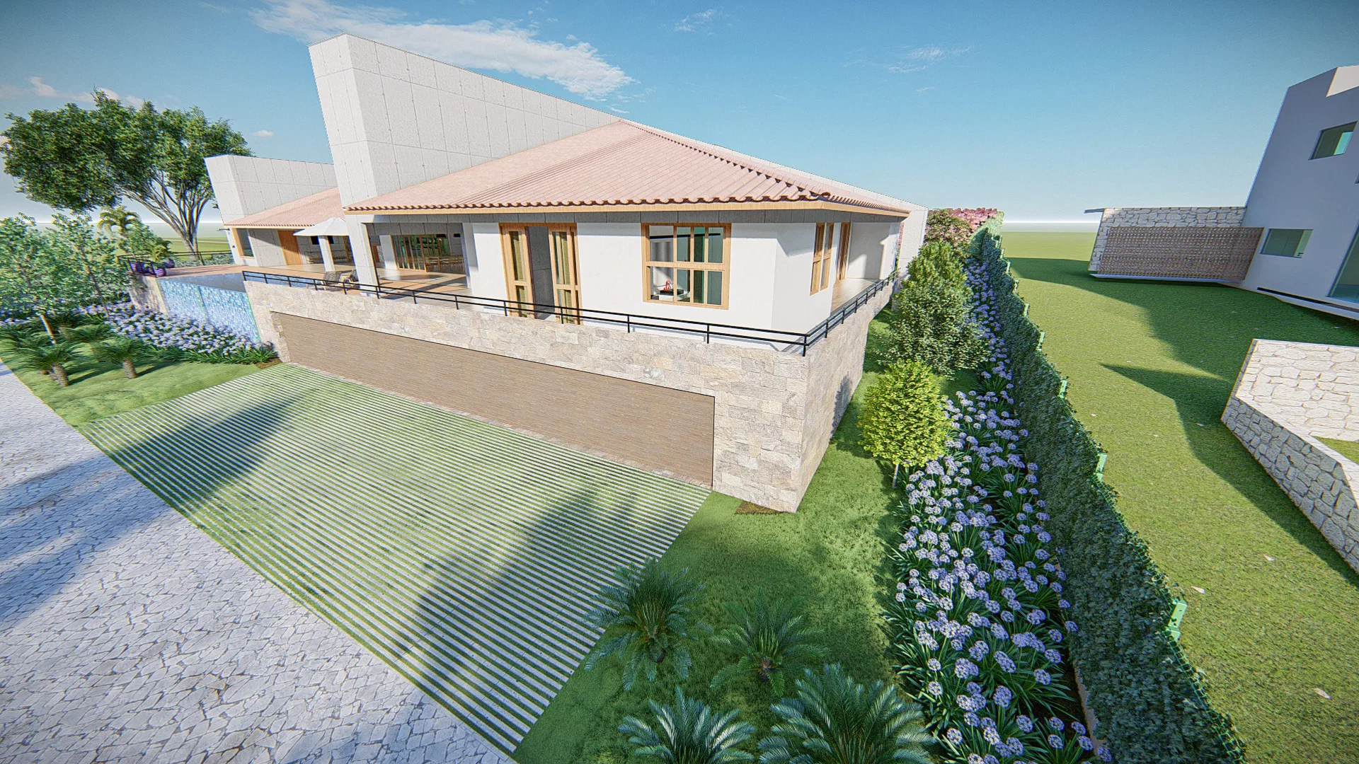 Architectural visualization of Residential Landscaping with Side Garden and Aerial Pool View — GRON 3D