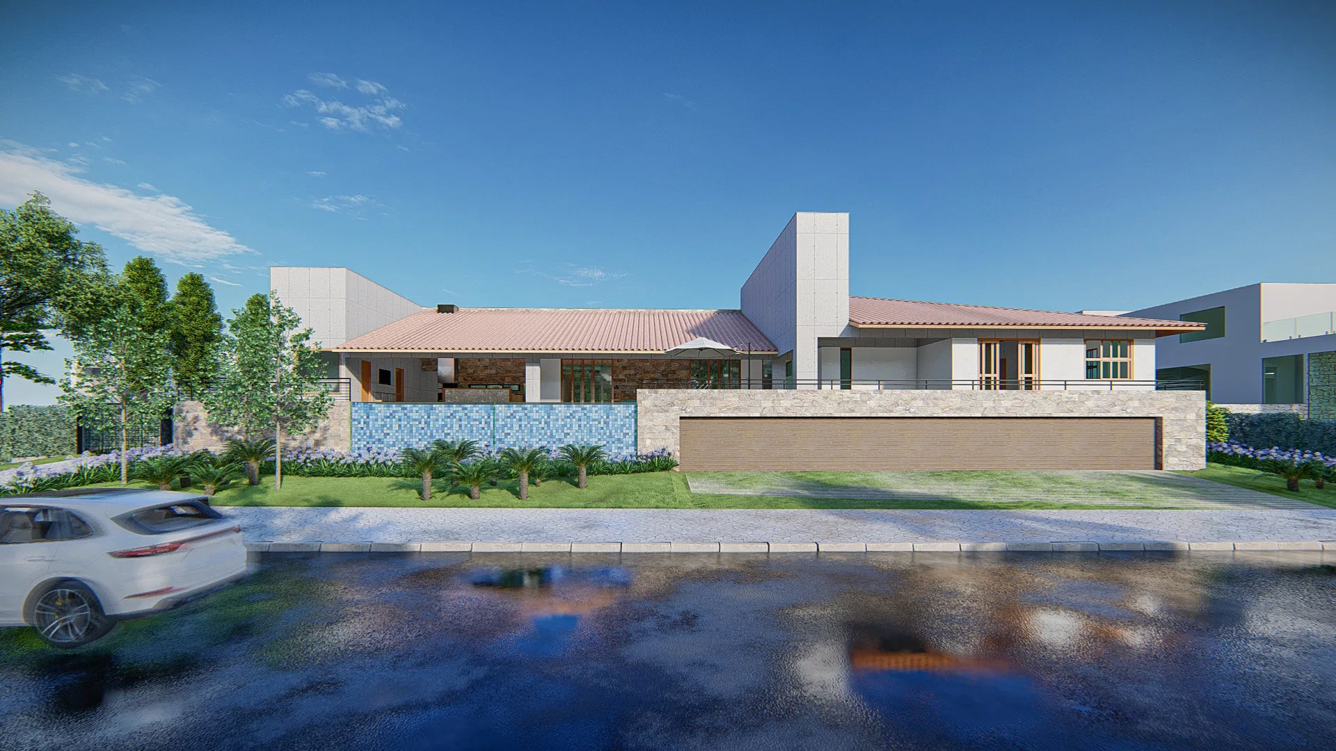 Architectural visualization of Residential Landscaping with Side Garden and Aerial Pool View — GRON 3D