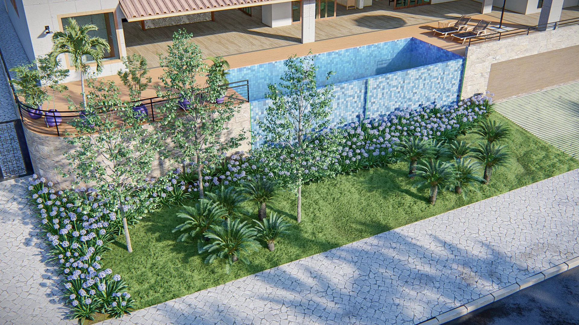 Architectural visualization of Residential Landscaping with Side Garden and Aerial Pool View — GRON 3D