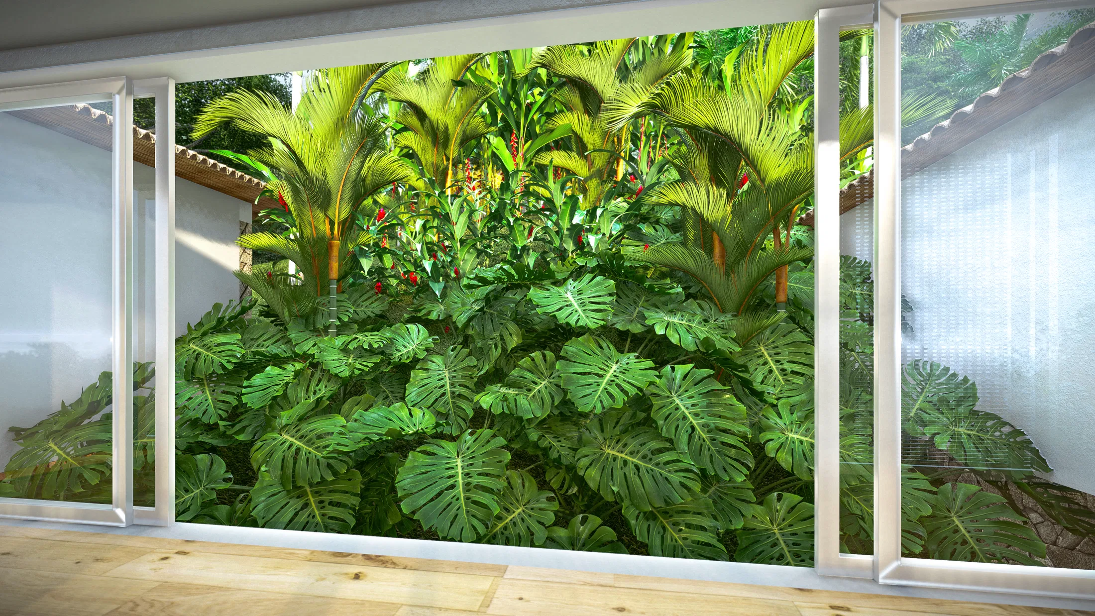 Vertical garden of tropical foliage seen through a glass door, with large green leaves filling the opening.