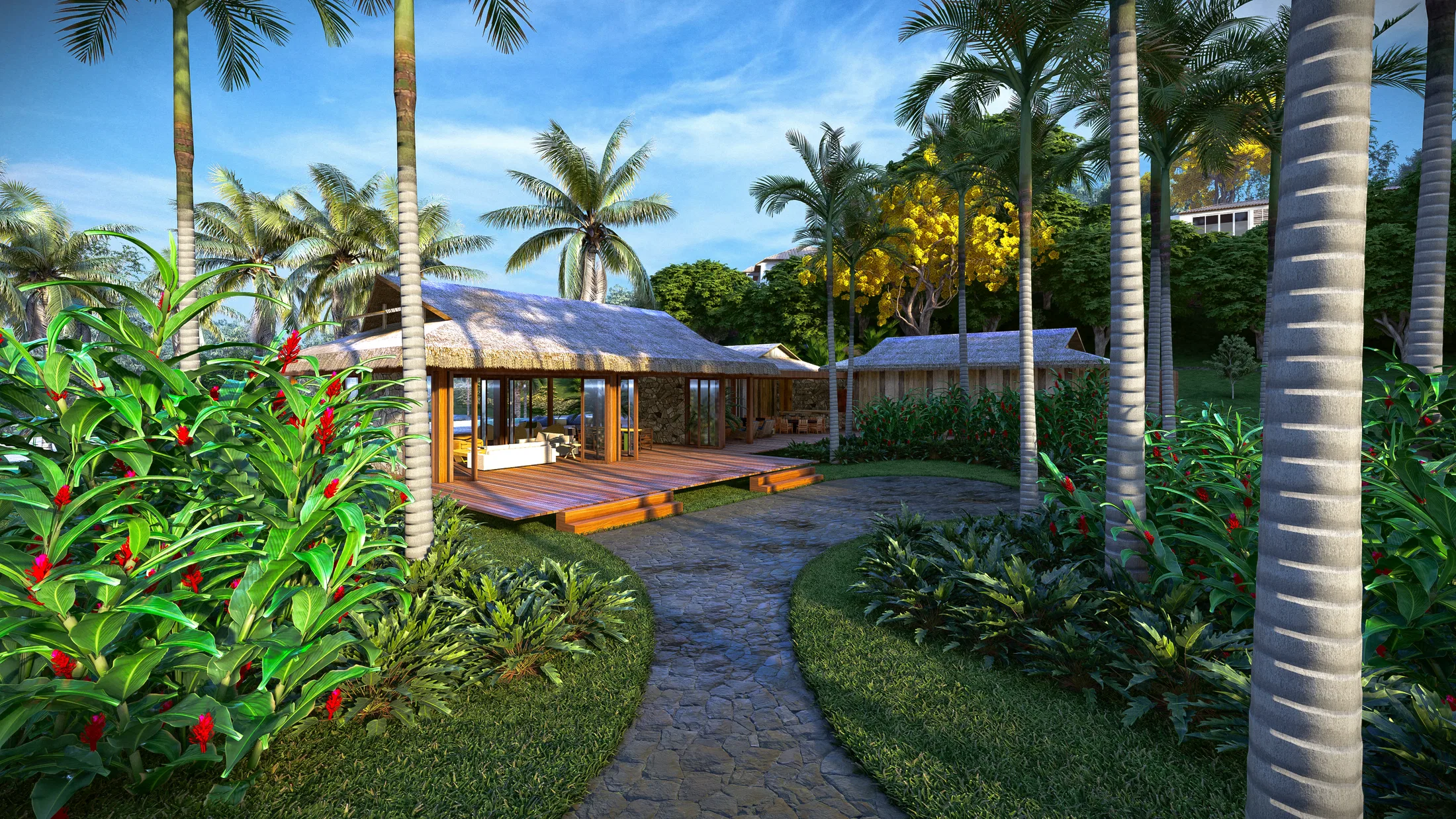Main pavilion with a thatched roof among palm trees, reached by a winding stone path through lawn and tropical vegetation.