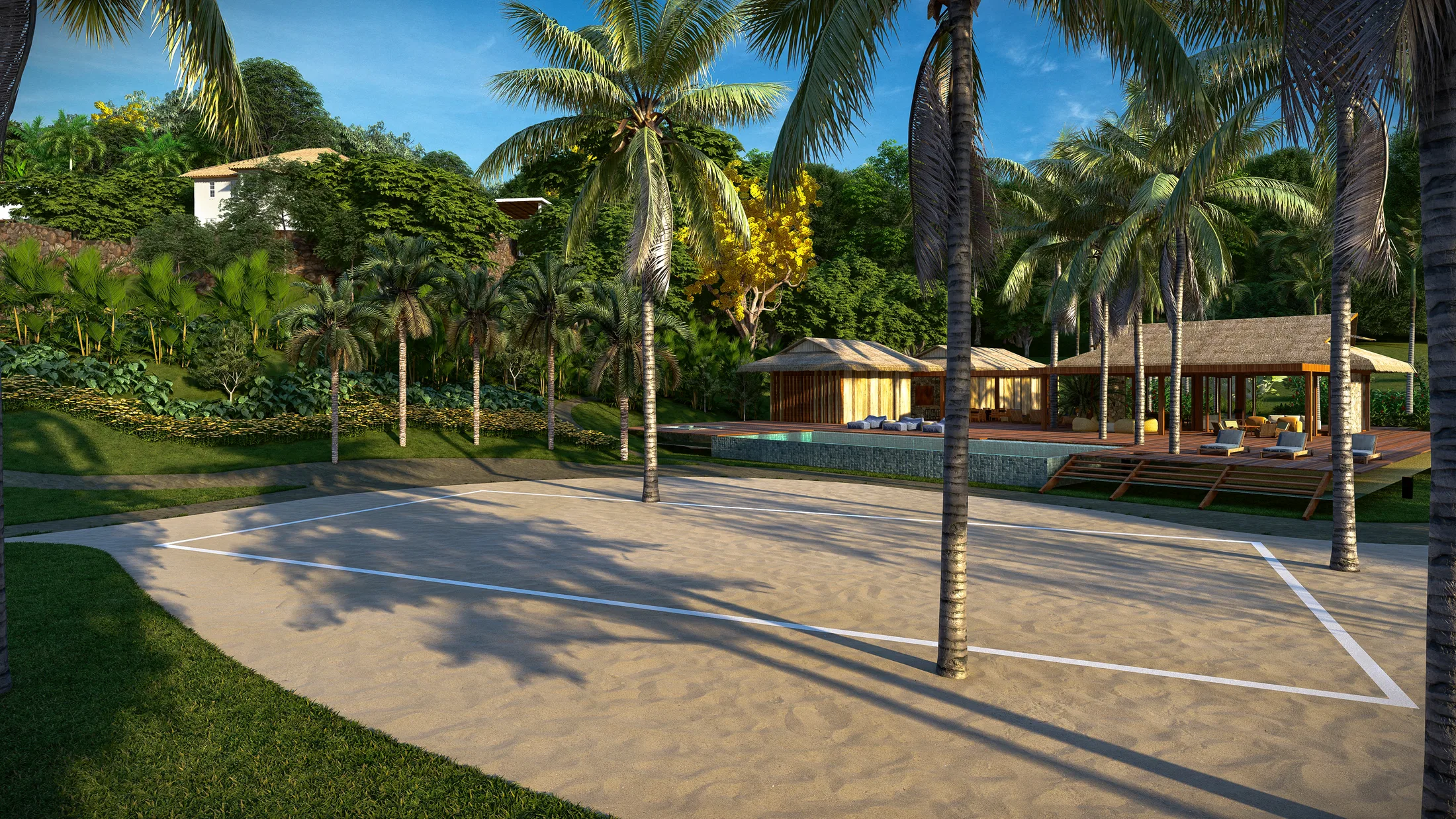 Sand volleyball court lined by palm trees, with a pool and a thatched-roof pavilion deck in the background.
