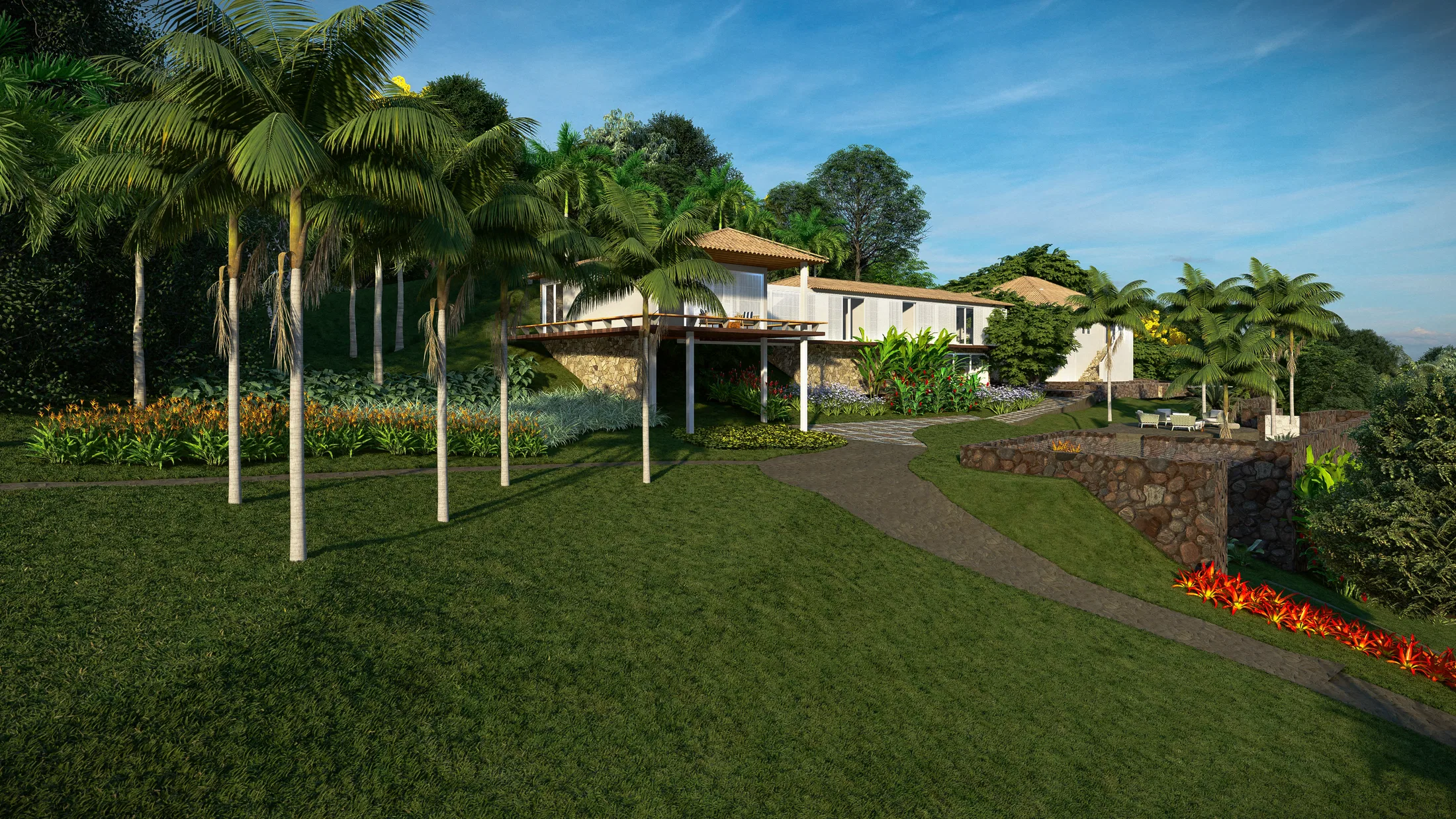 View of the hillside house among tall palm trees, with a wood deck, stone patio and a wide lawn in the foreground.