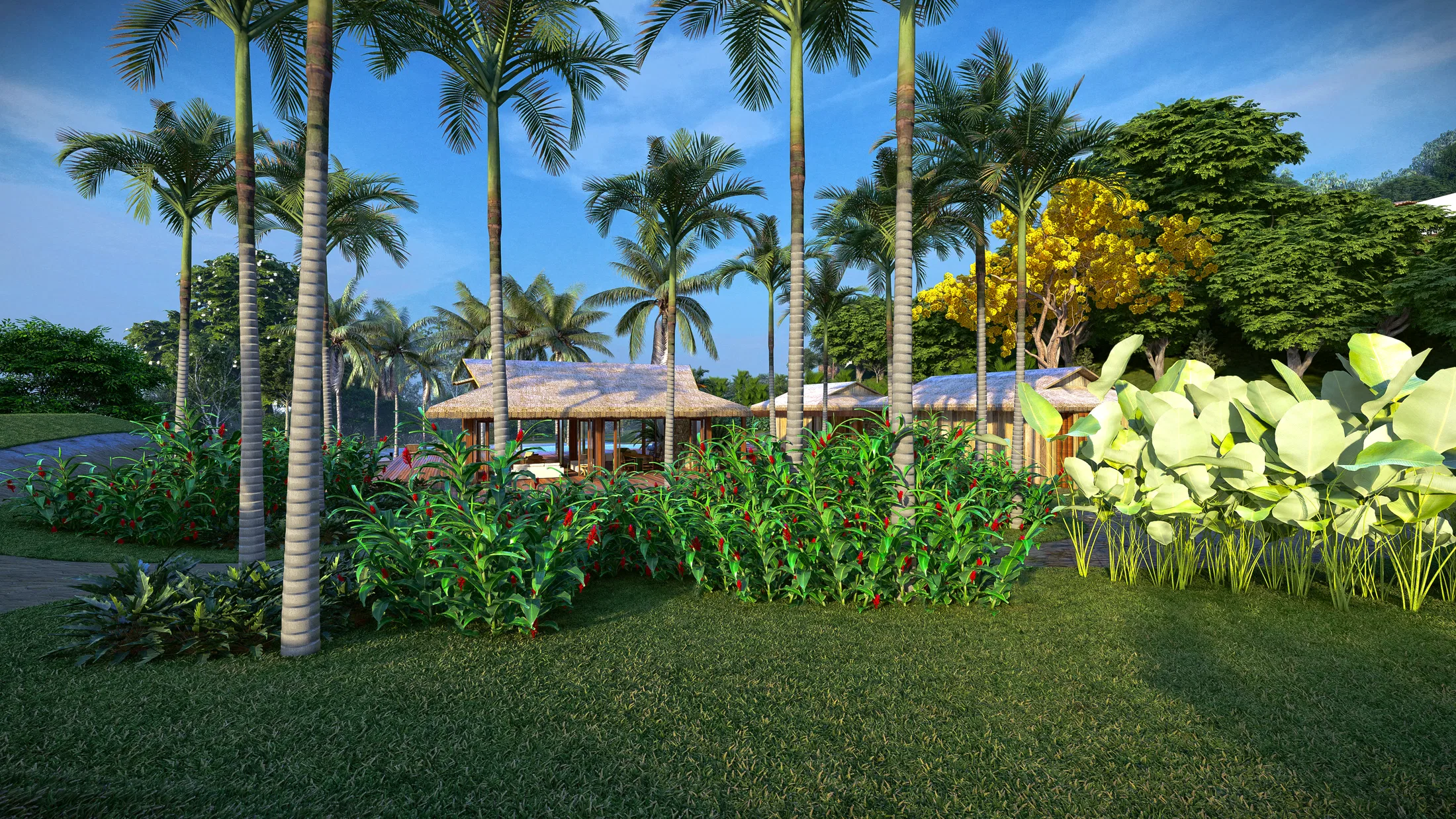 Thatched-roof pavilions among tall palm trees, with red heliconias in the foreground at dusk.