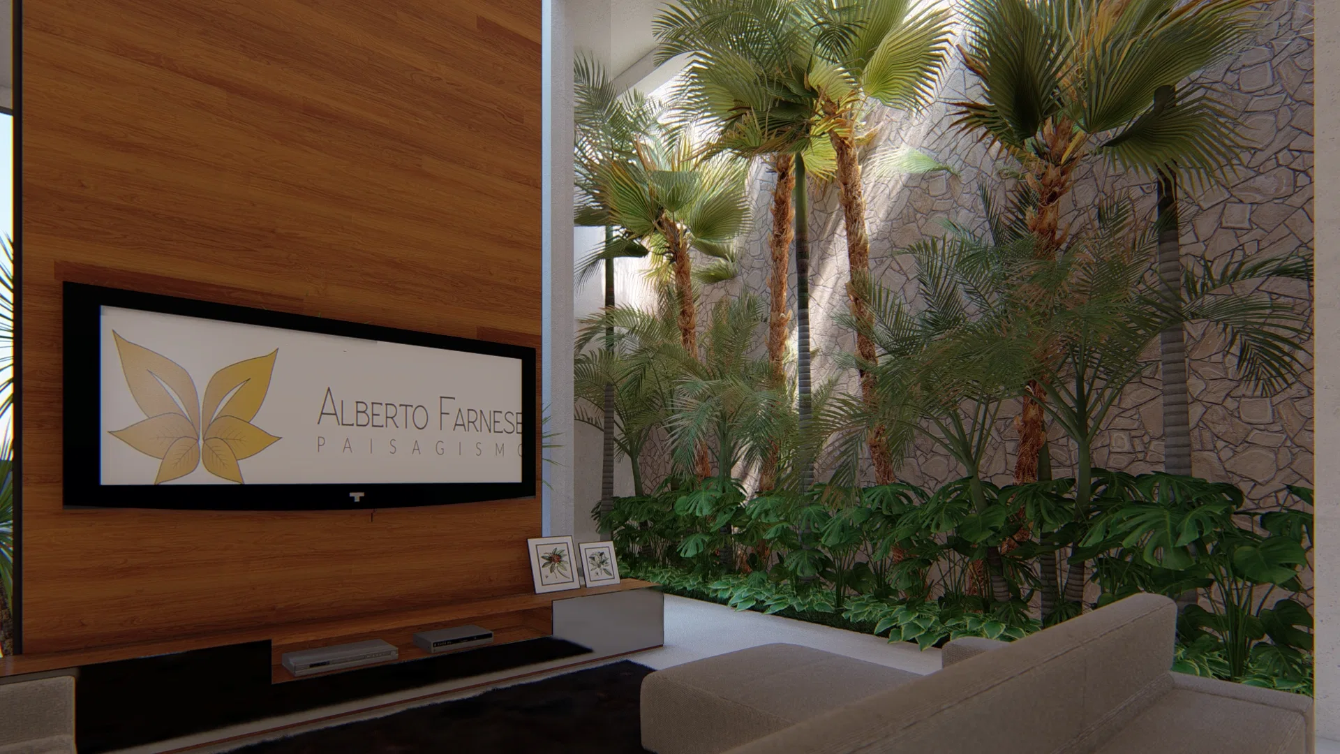 Living room with a wood panel and a TV showing a botanical emblem, beside a winter garden of fan palms and foliage behind glass.