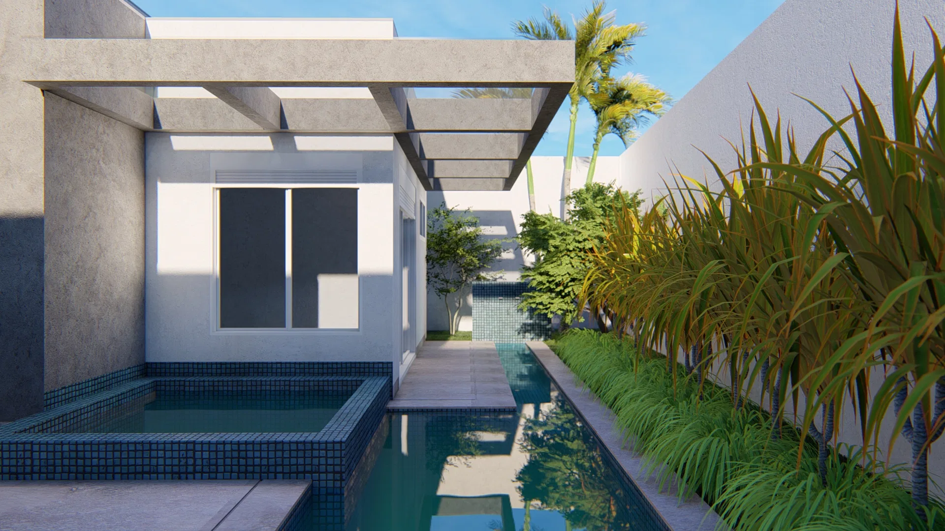 Dark-tiled pool with a raised spa and wooden bridge under a concrete pergola, flanked by palms and reddish grasses.