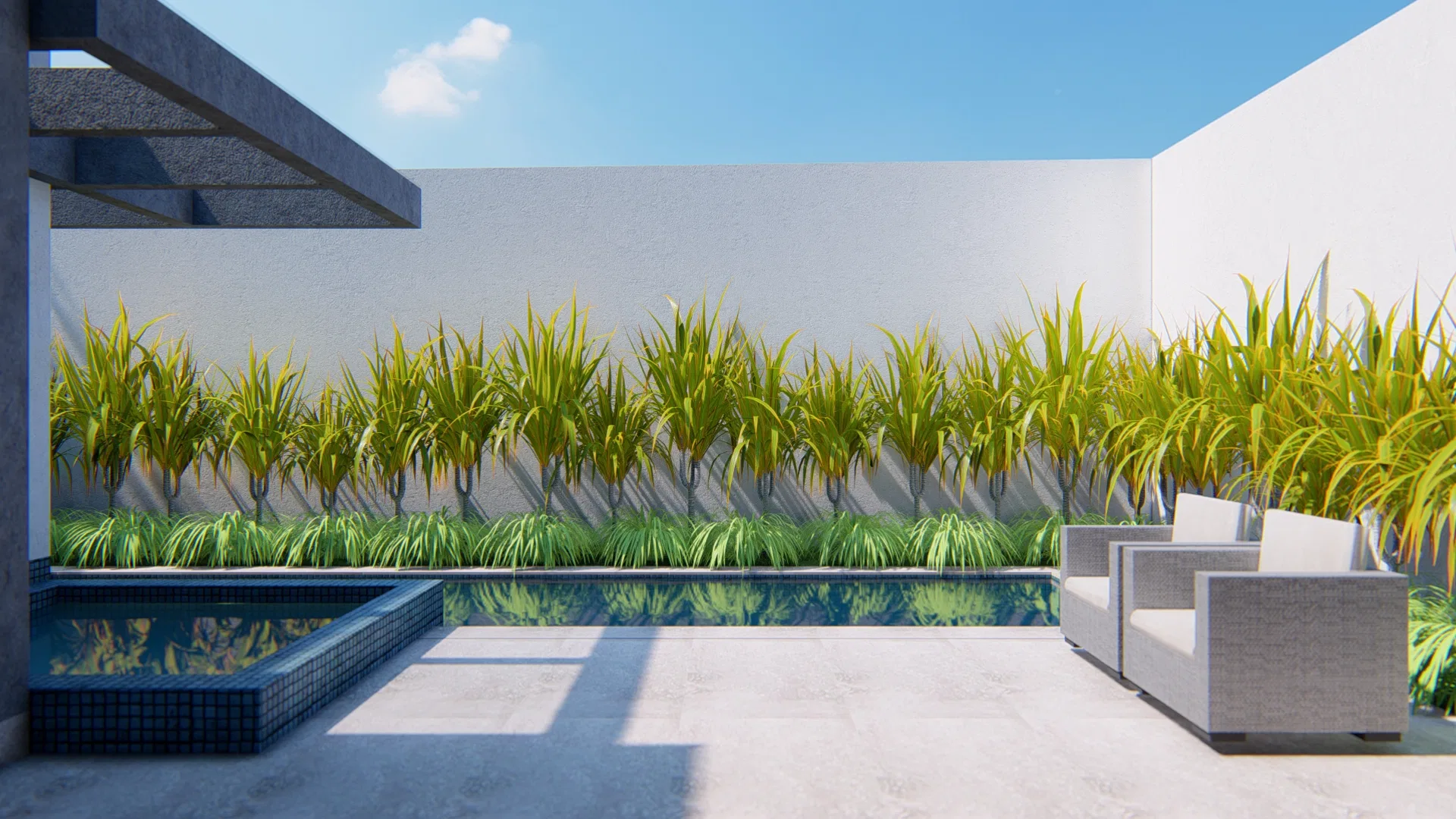 Pool area with a built-in spa and a water strip mirroring a green wall of tall grasses, with wicker armchairs on the pale sunny deck.