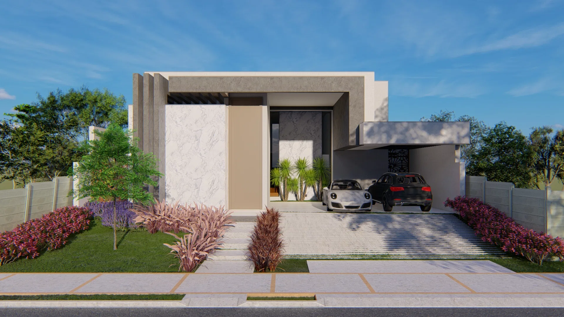 Facade of a contemporary home with a stone panel and flat roofs, an open carport with two cars and beds of colourful flowers along the sidewalk.