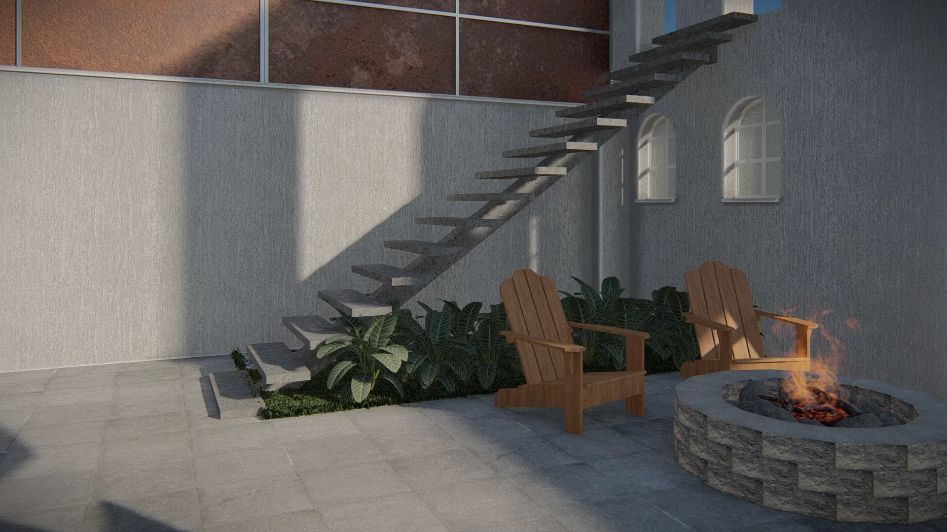 Courtyard with a floating concrete stair, two timber chairs beside a lit stone fire pit and a foliage bed under the steps