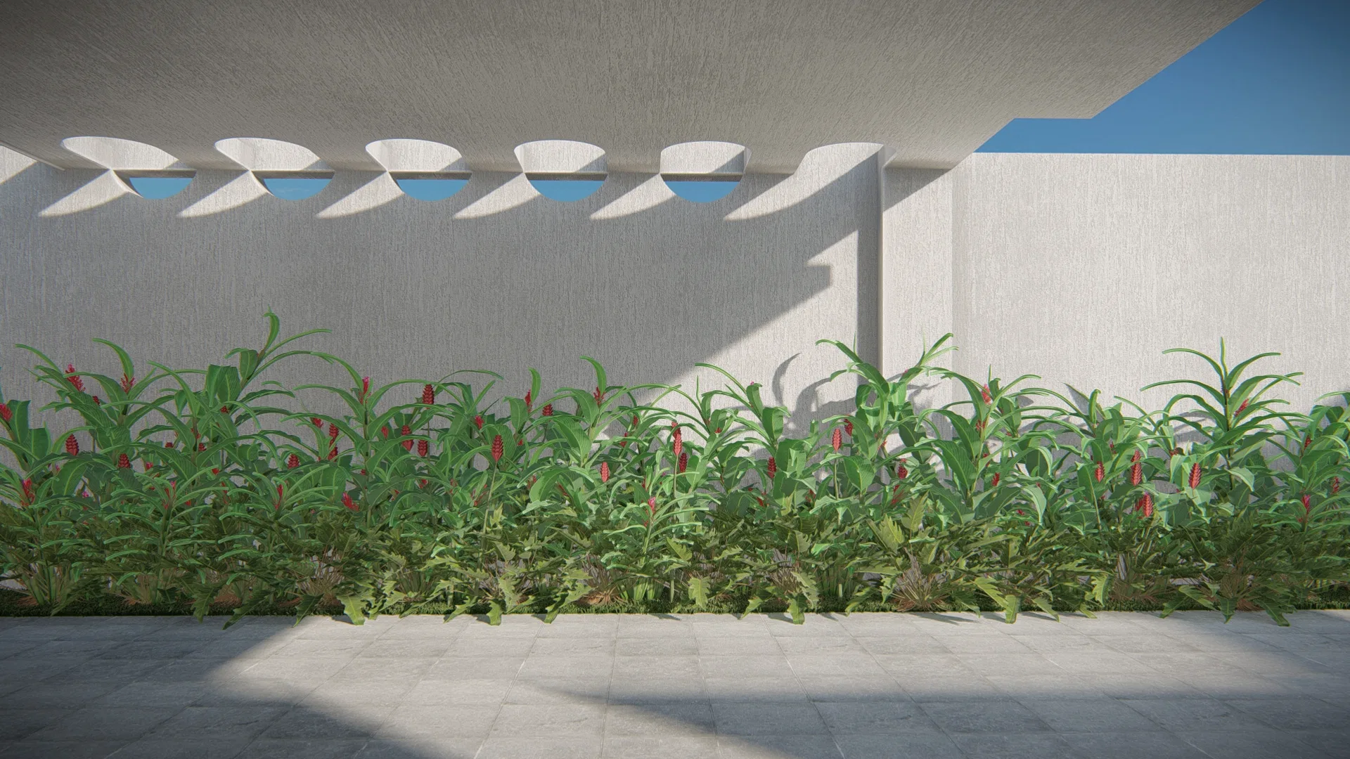 Curved-perforated concrete brise casting shadows on the wall, with a strip of tropical foliage and red blooms at floor level
